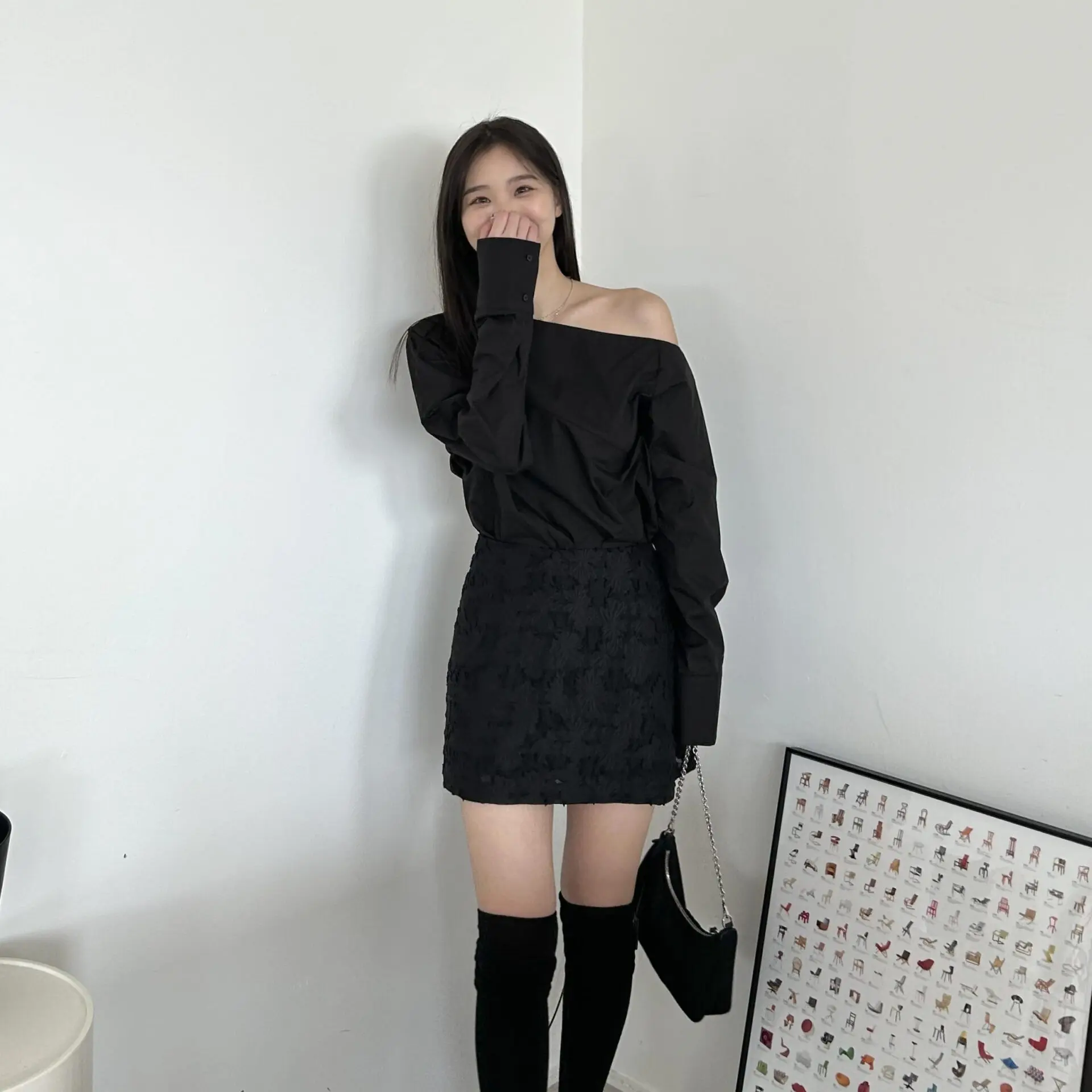 立體邊花朵時髦短裙(黑)