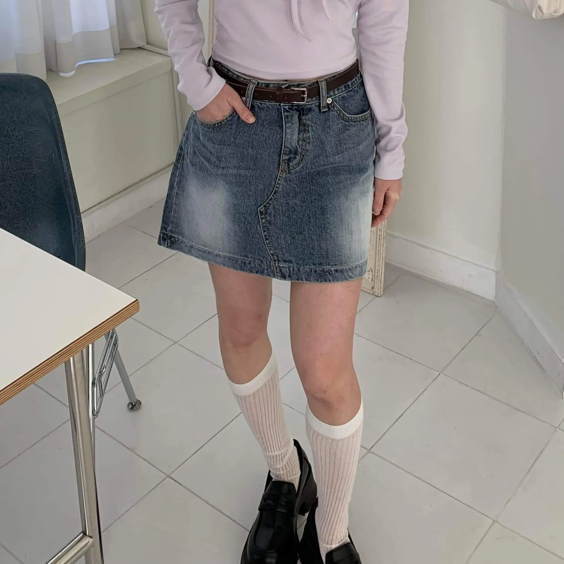 小低腰時髦刷色牛仔短裙