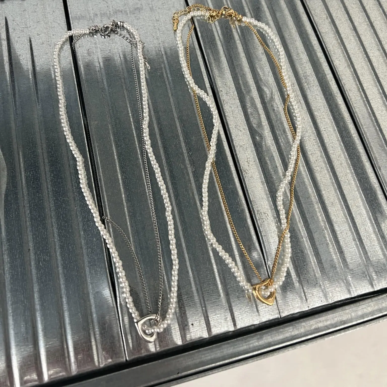 金屬愛心2way珍珠項鍊(2色)