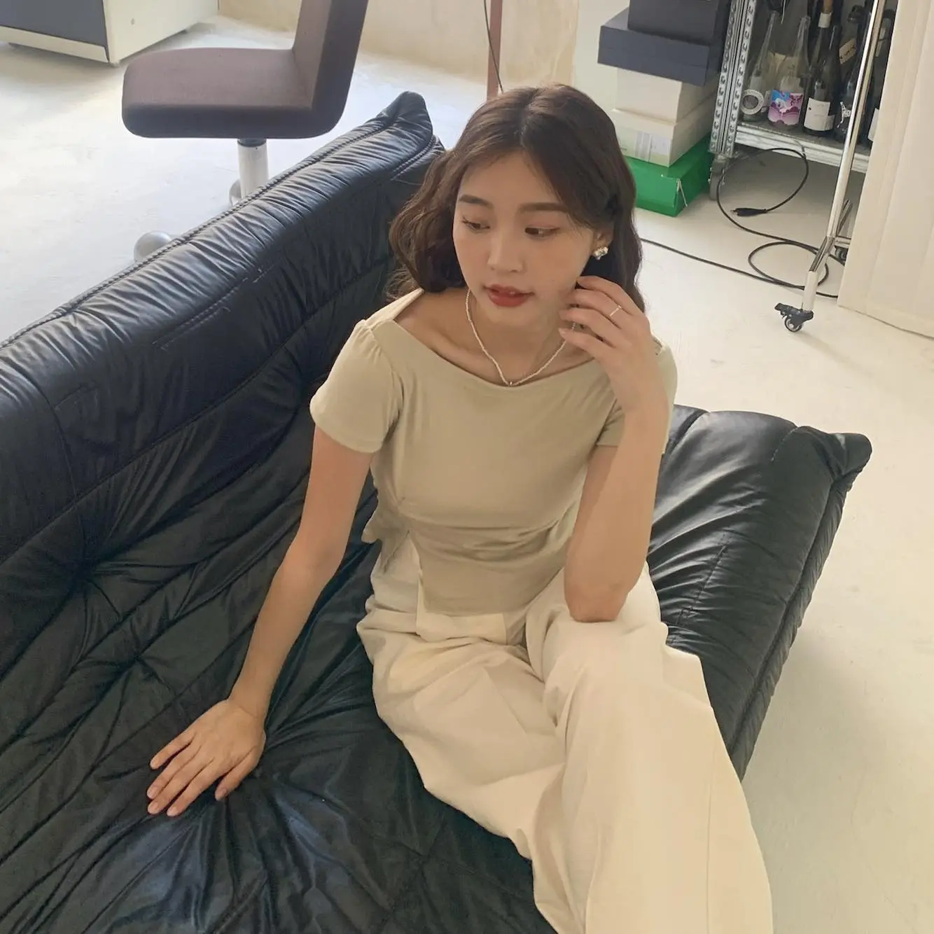 小開衩抓皺腰身上衣 (芥黃)