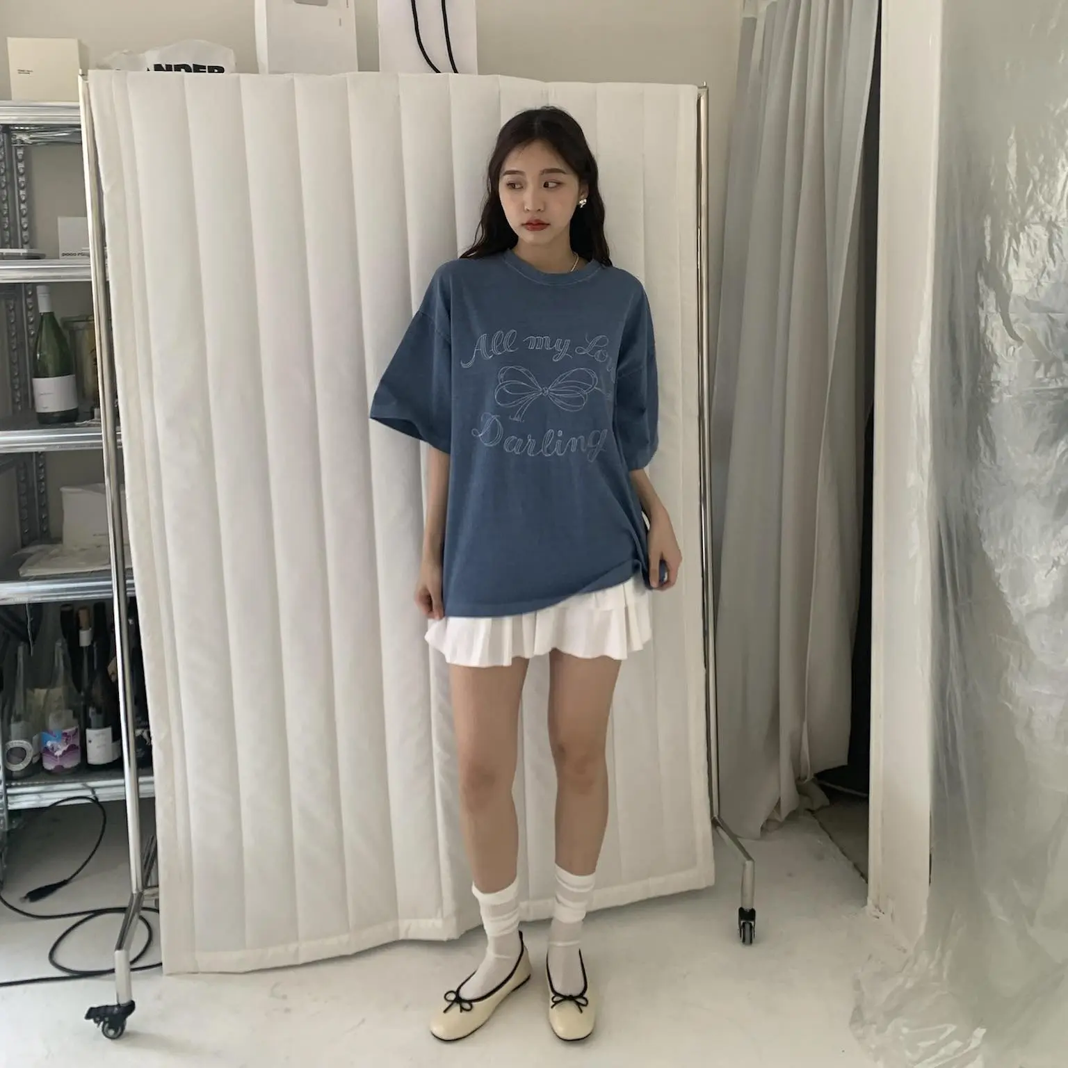 個性時髦蝴蝶結水洗Ｔ (藍)