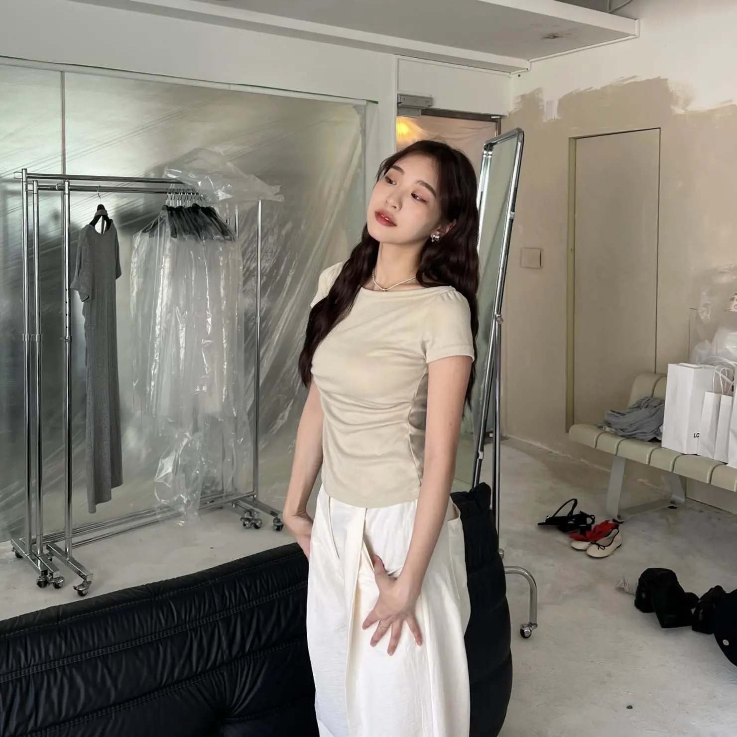 小開衩抓皺腰身上衣 (芥黃)