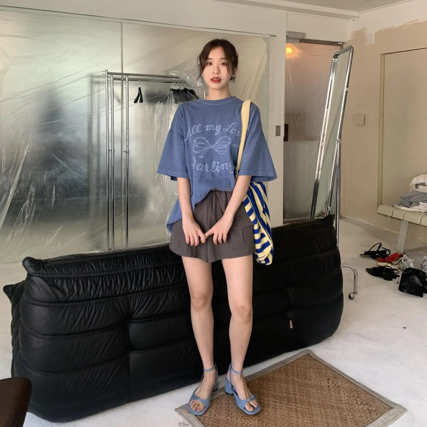 個性時髦蝴蝶結水洗Ｔ (藍)