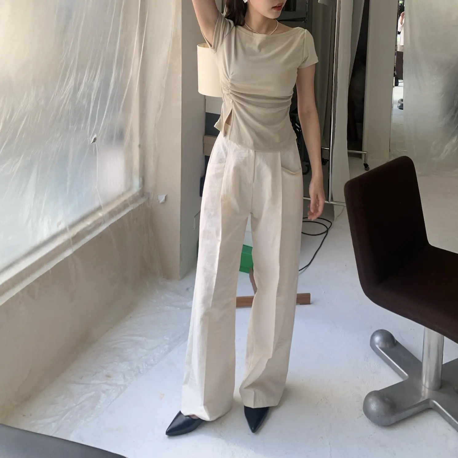 小開衩抓皺腰身上衣 (芥黃)