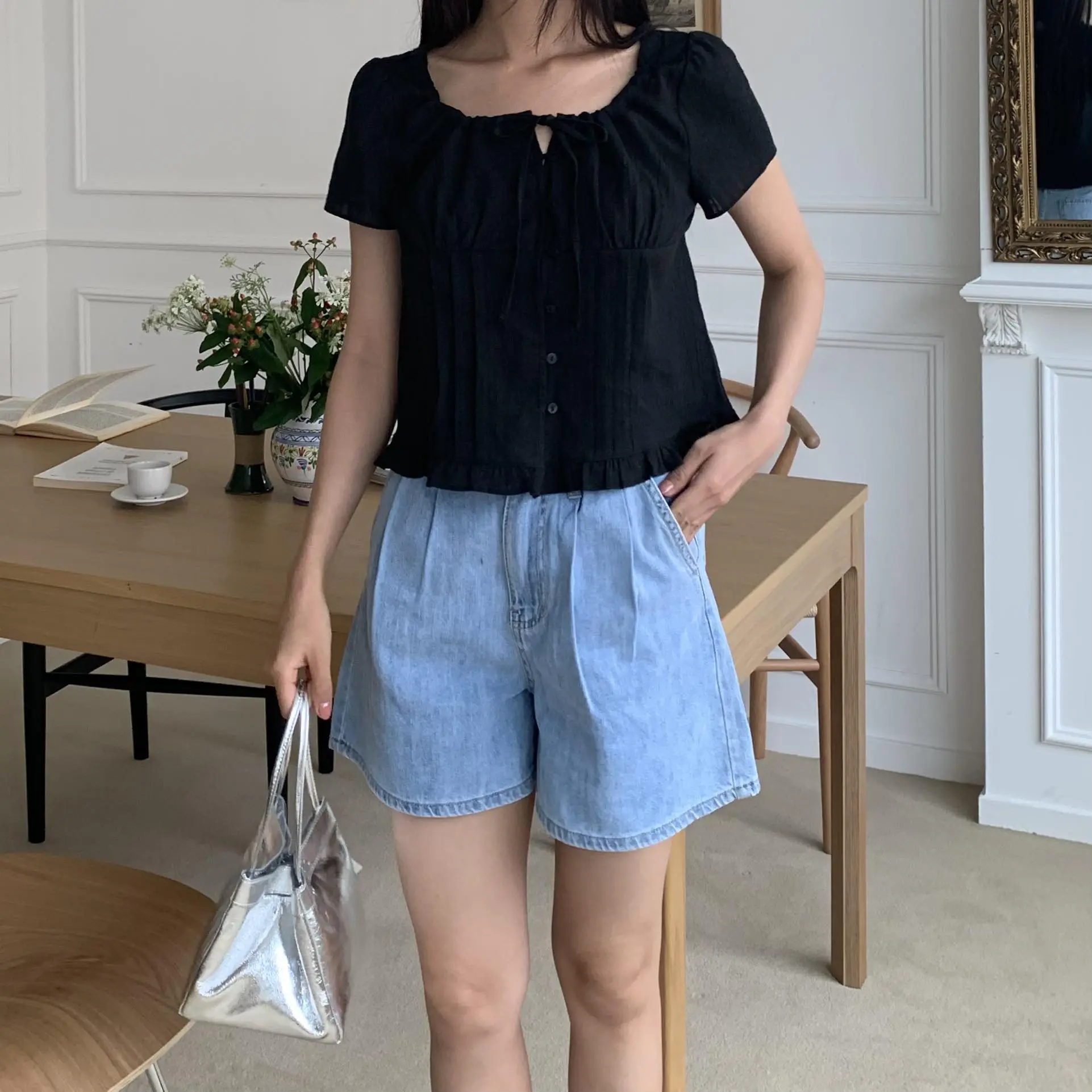 小仙女細緻褶子上衣 (黑)