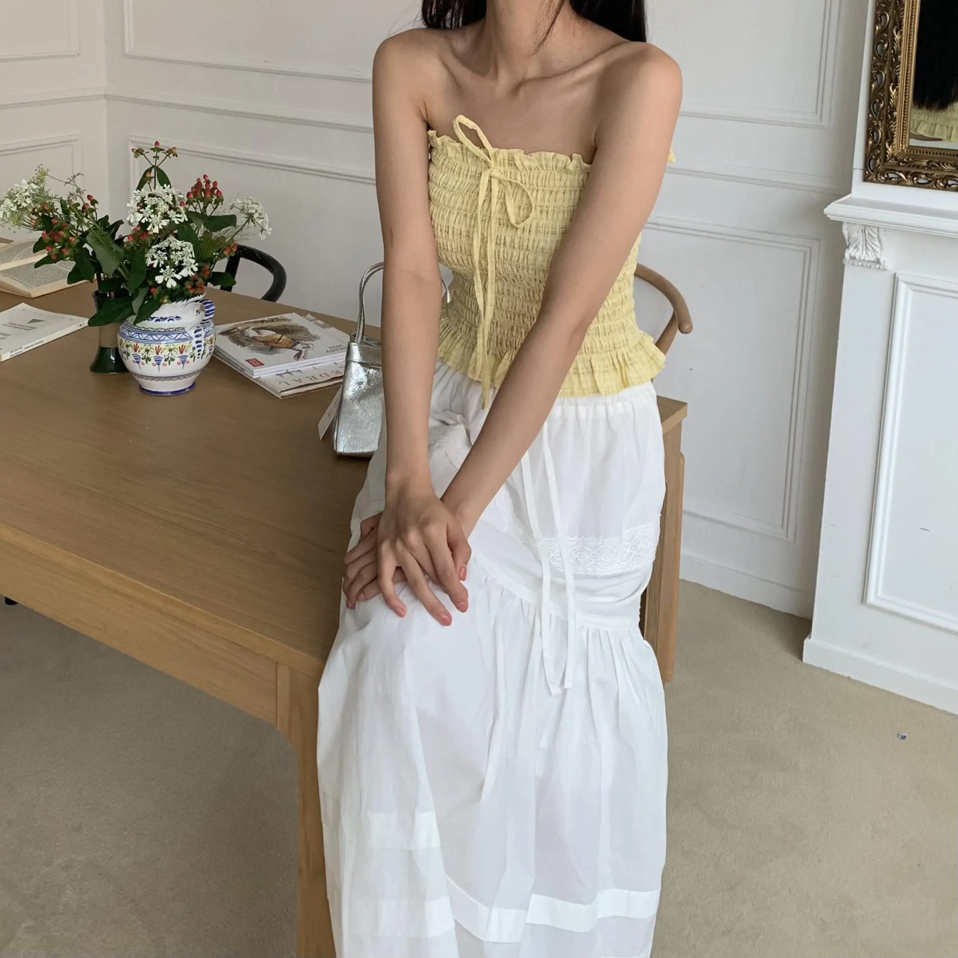 浪漫邂逅褶子平口背心 (黃)