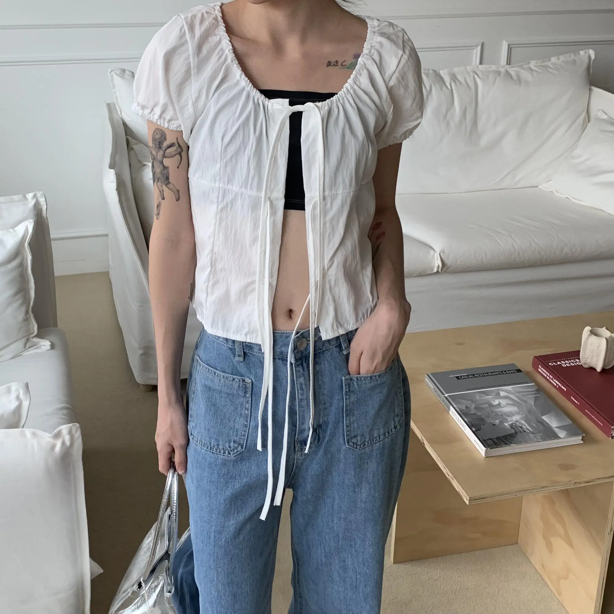 綁帶小澎袖造型上衣(白)