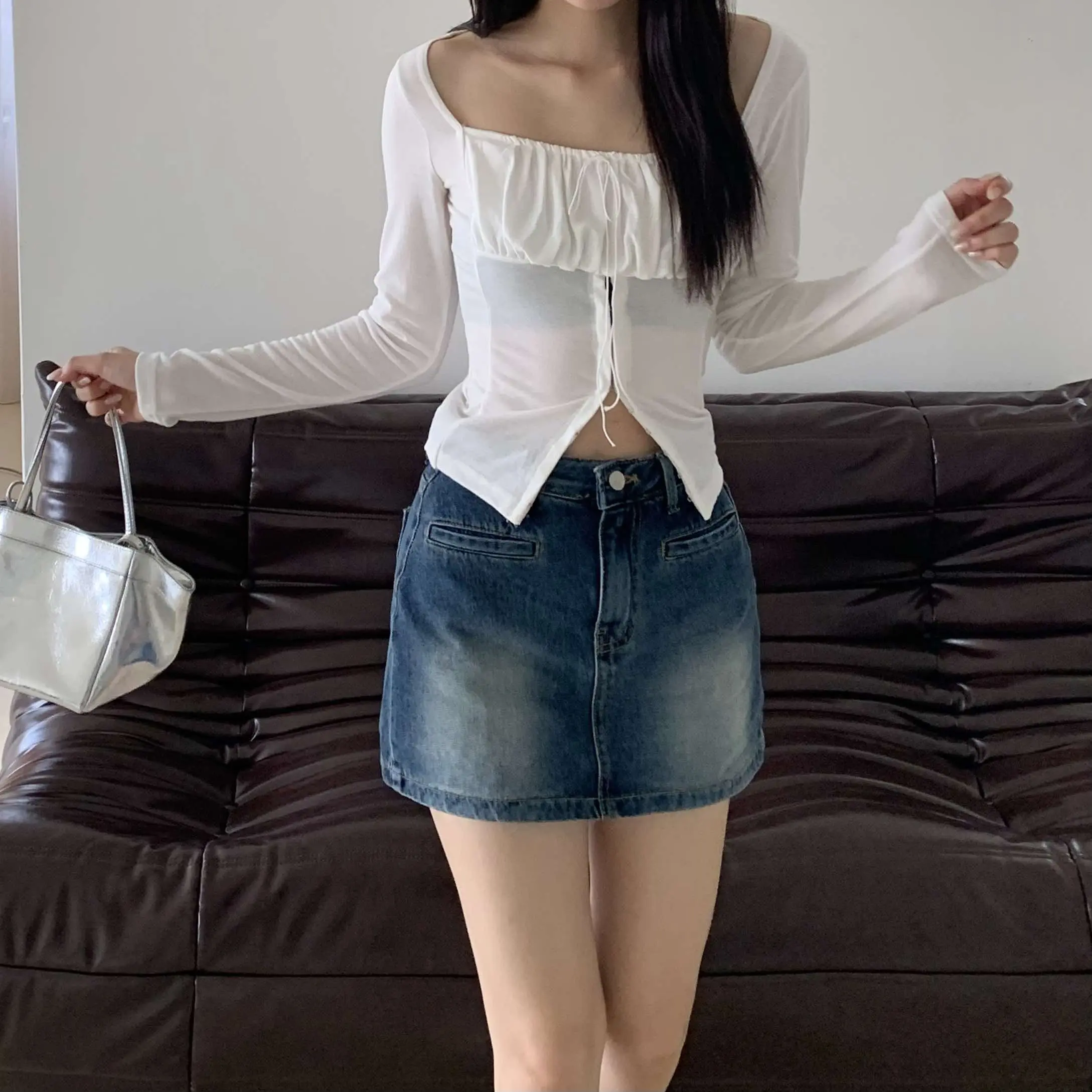 時髦刷色牛仔短裙