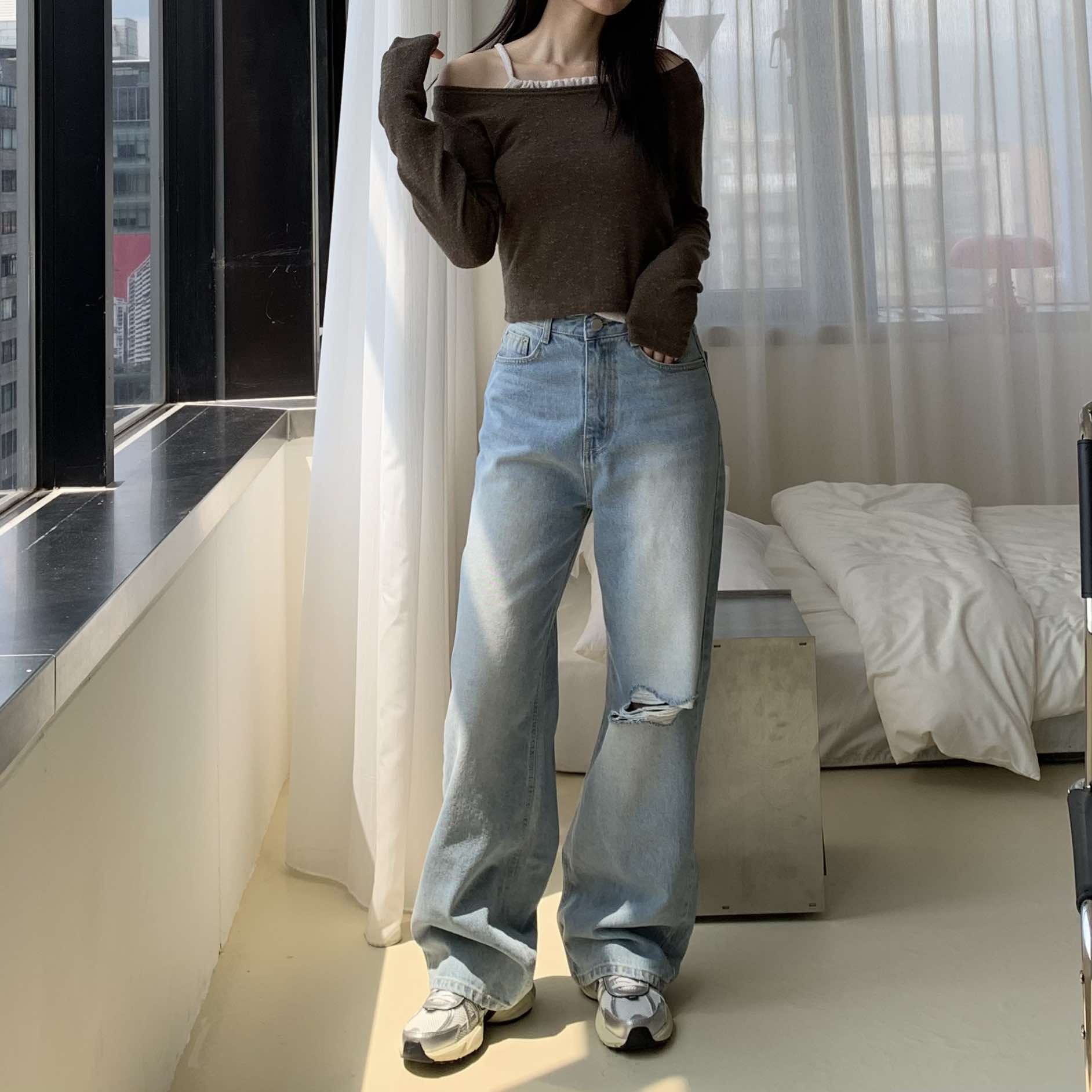 率性高腰割破牛仔褲