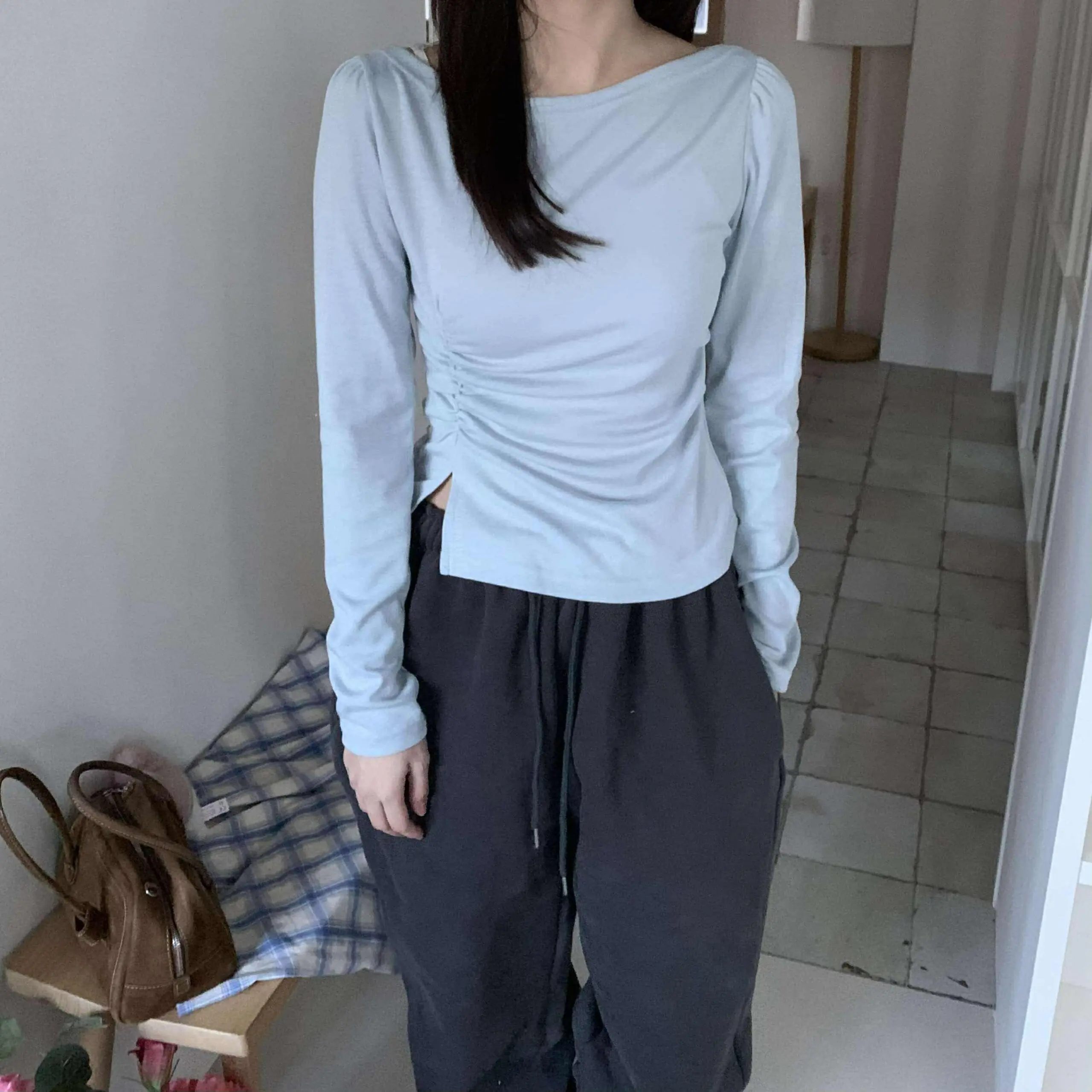 日常漂亮抓皺開衩上衣(藍)