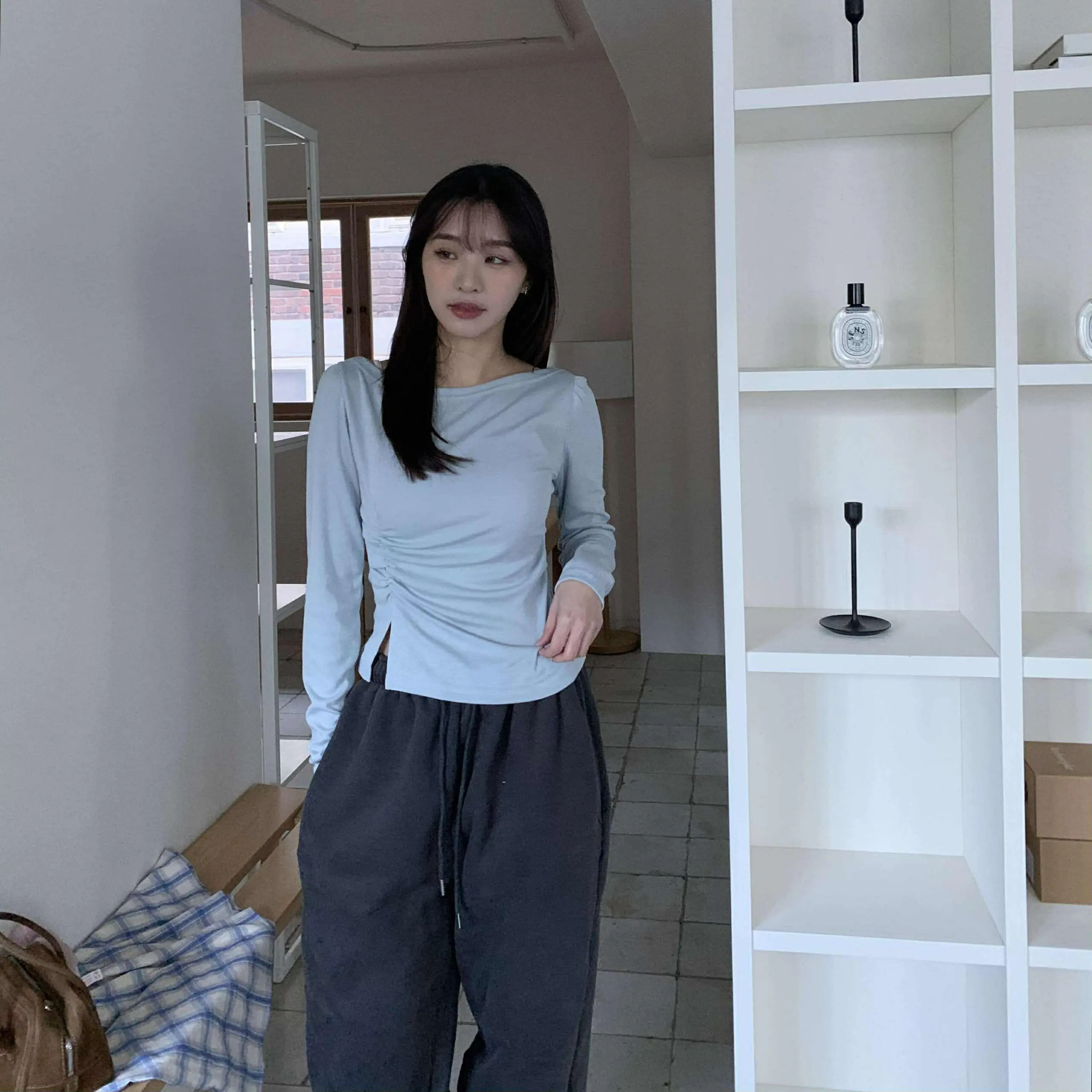 日常漂亮抓皺開衩上衣(藍)