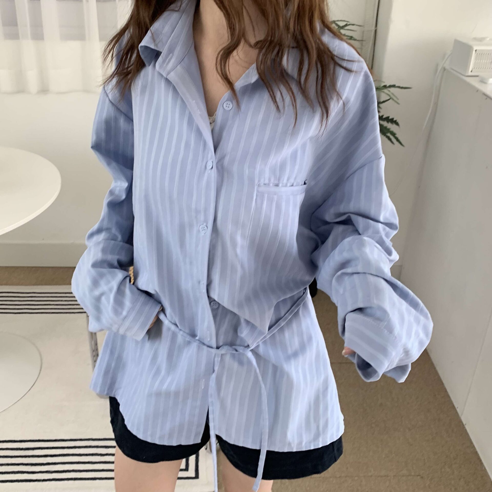 漢南洞春款綁帶條紋襯衫 (藍)