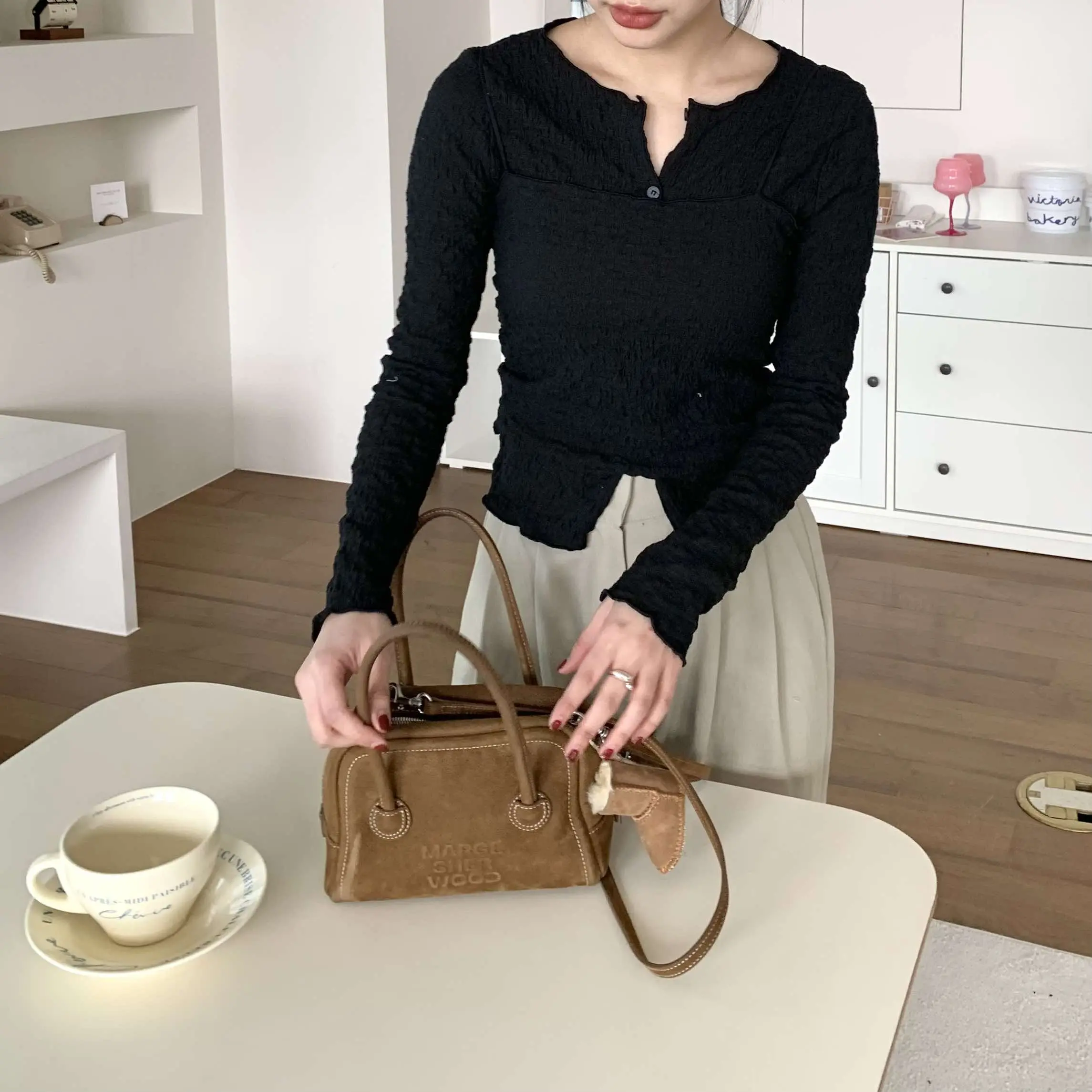 小姊姊皺皺排扣質感set (黑)