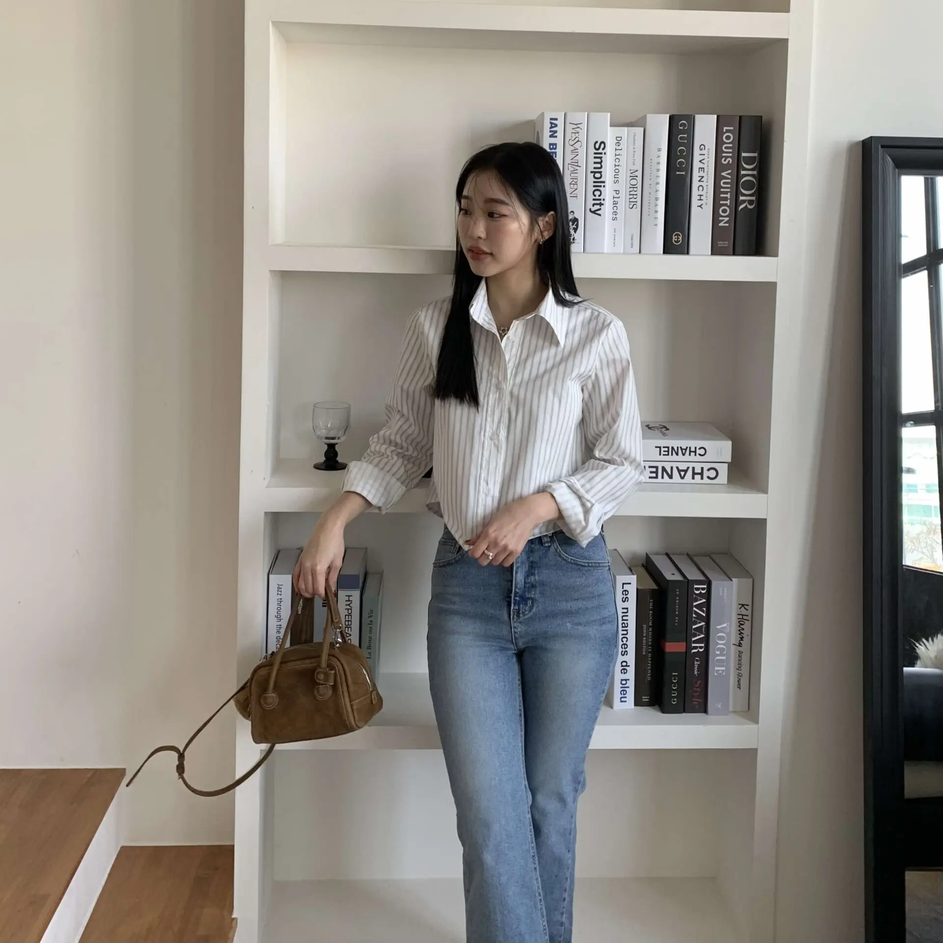 Nancy條紋短版襯衫 (白)