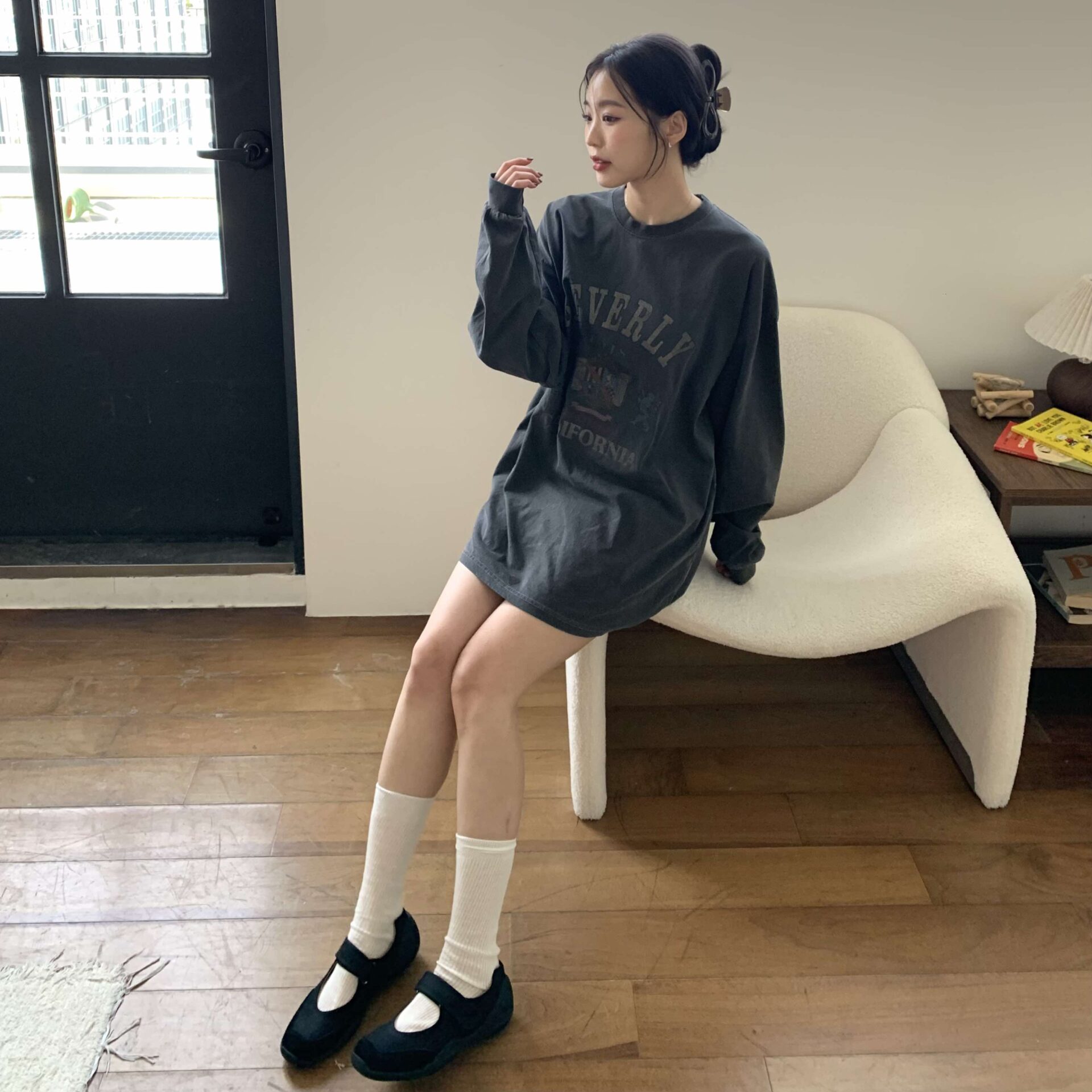 水洗感個性圖案長版上衣 (鐵灰)