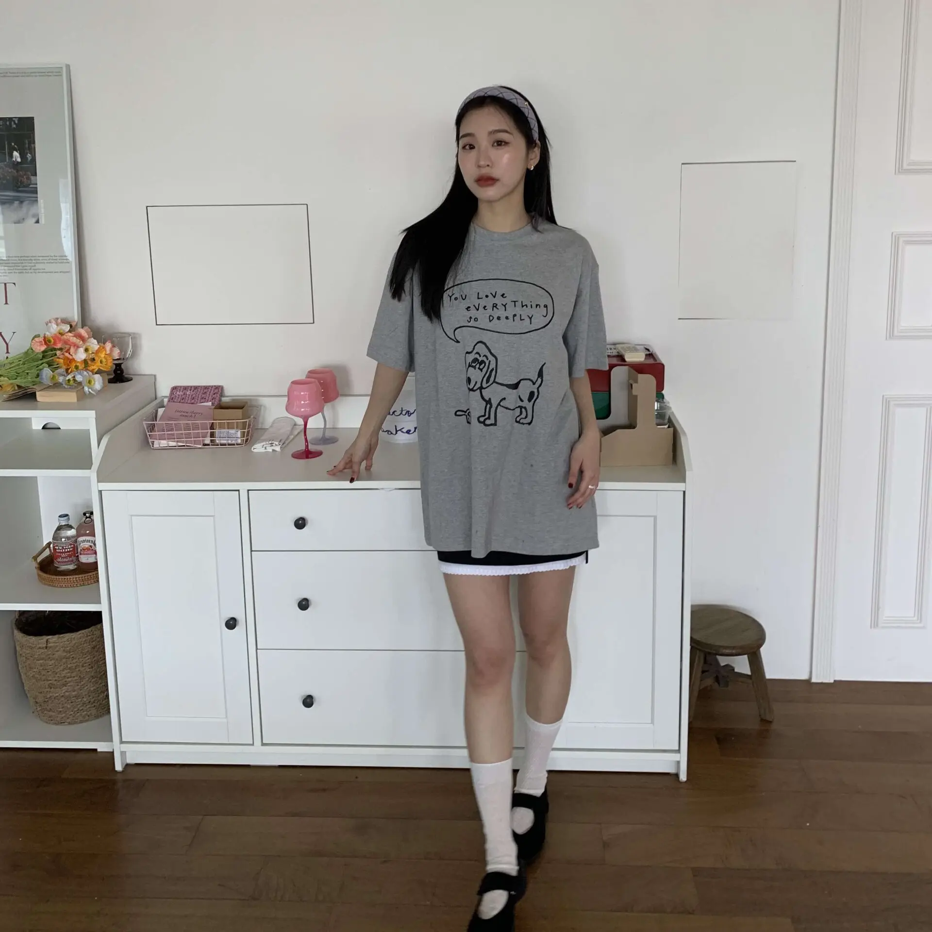 高質感狗狗塗鴉長版Ｔ (灰)
