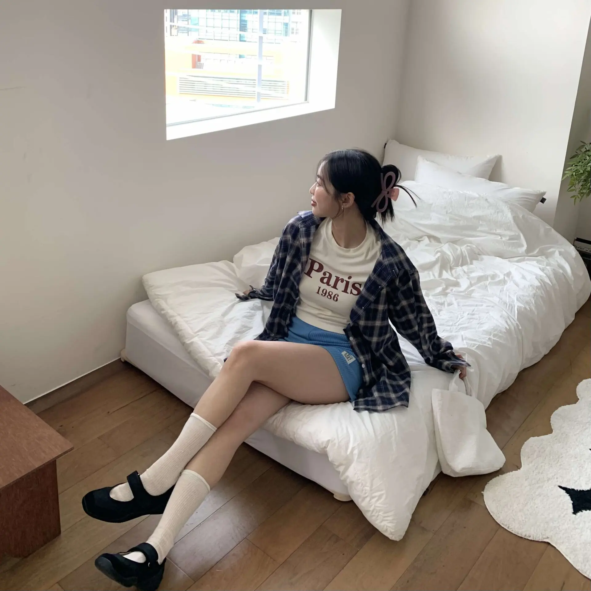 自留款～漢南洞細緻壓紋格紋襯衫(藍)