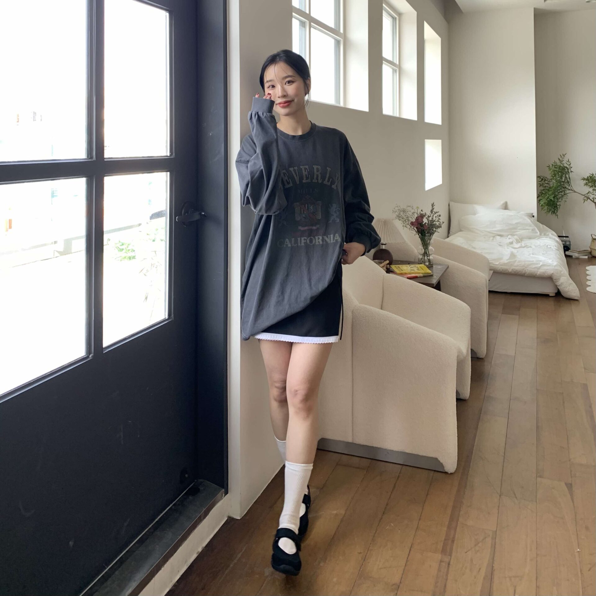 水洗感個性圖案長版上衣 (鐵灰)