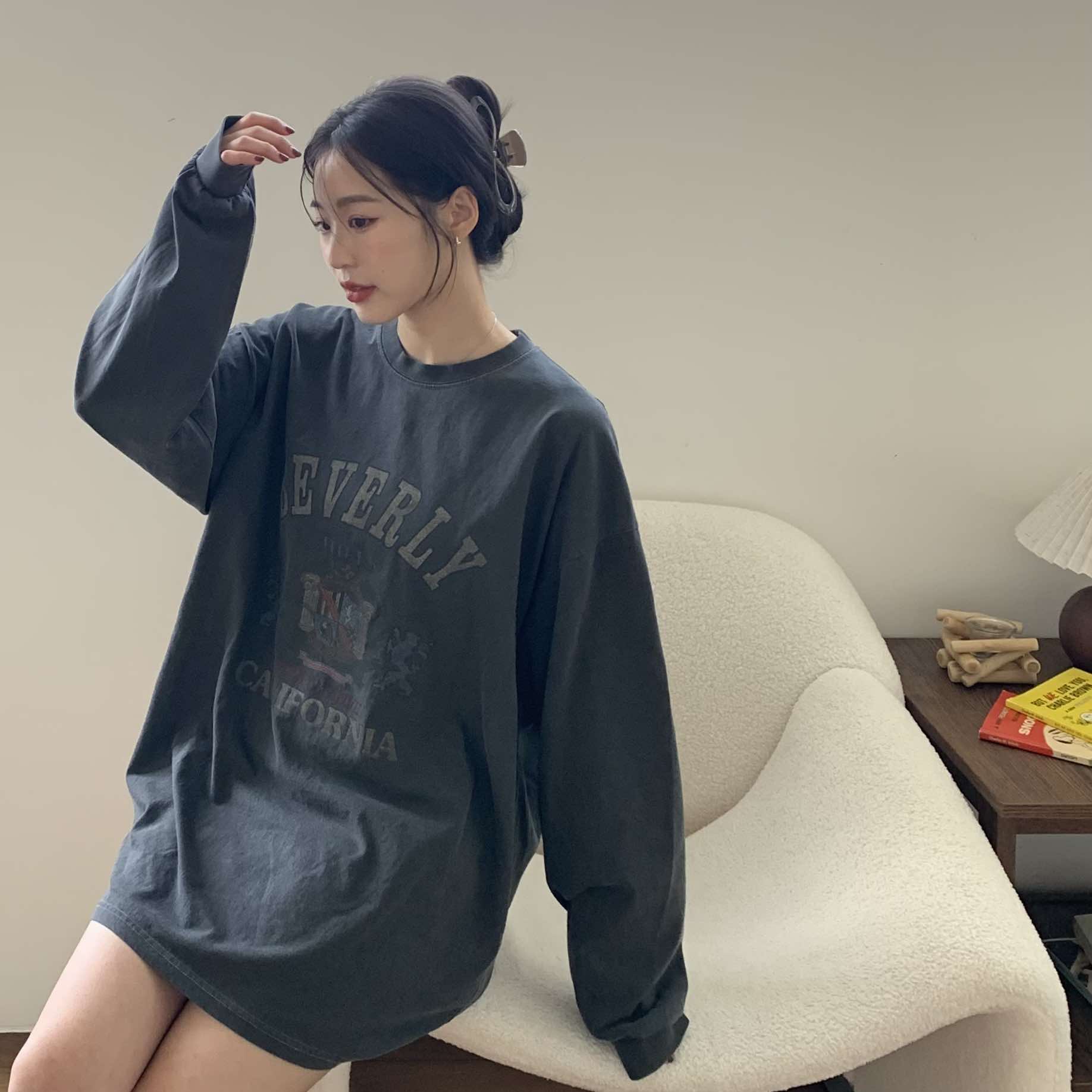 水洗感個性圖案長版上衣 (鐵灰)