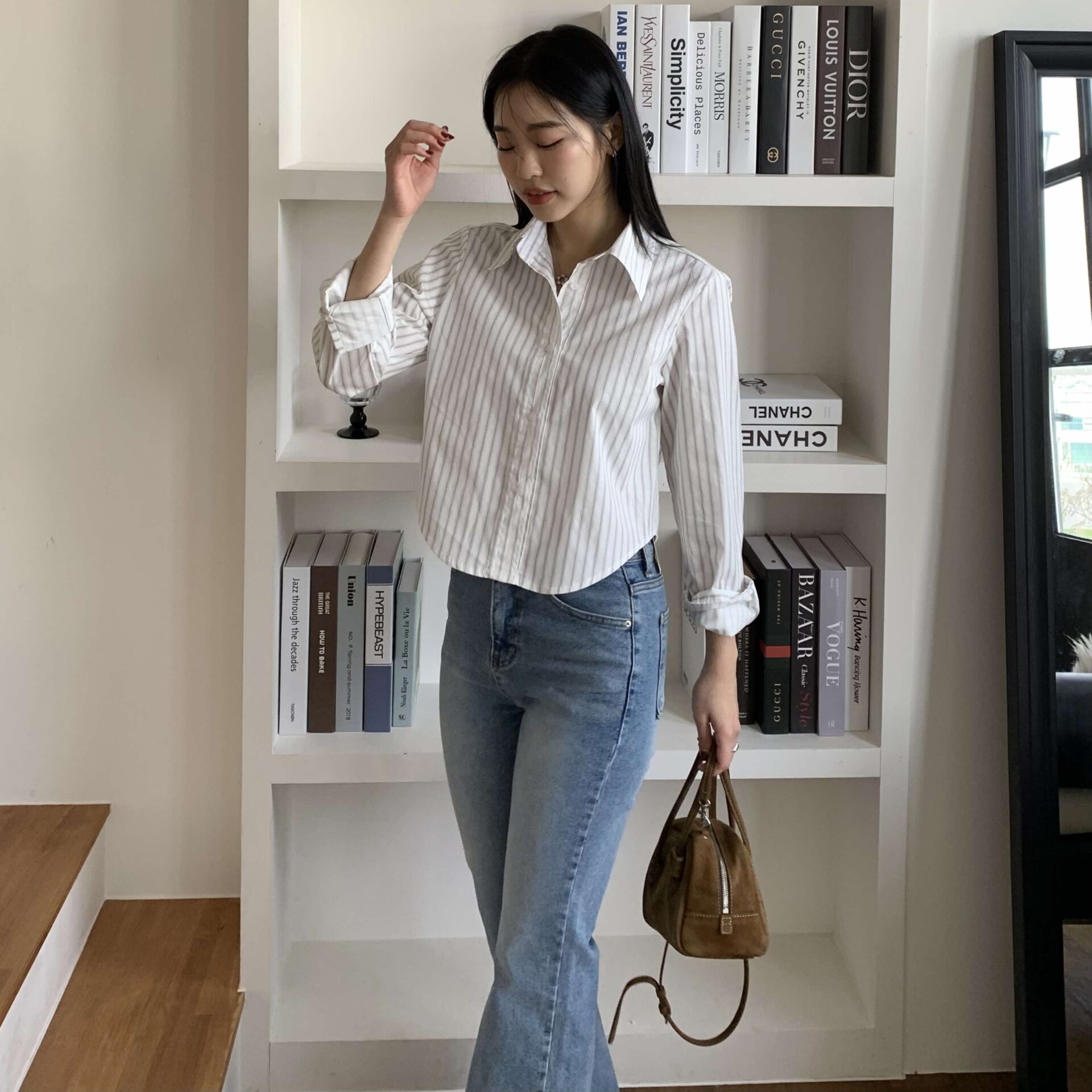 Nancy條紋短版襯衫 (白)