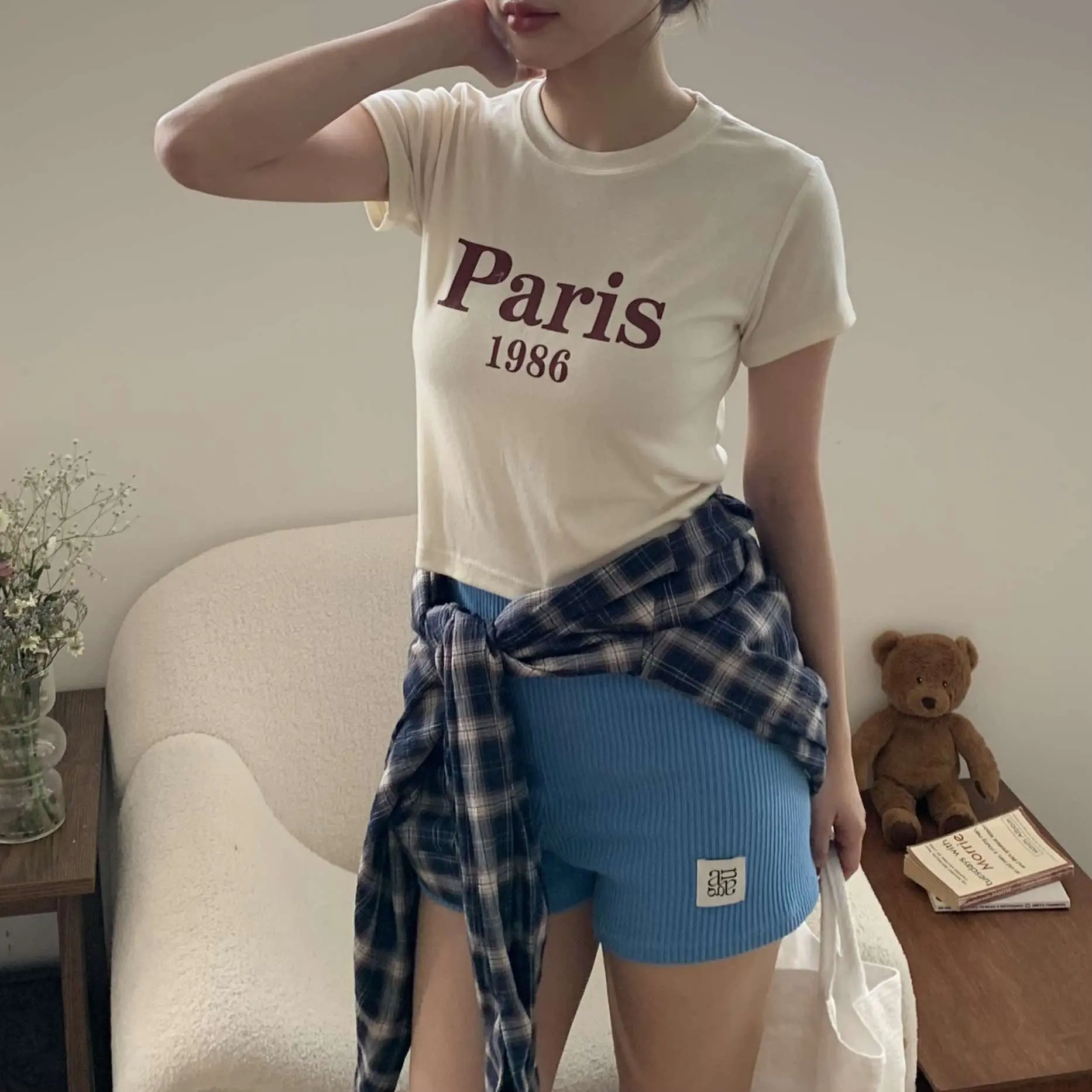 品牌小標質感坑條短褲 (藍)
