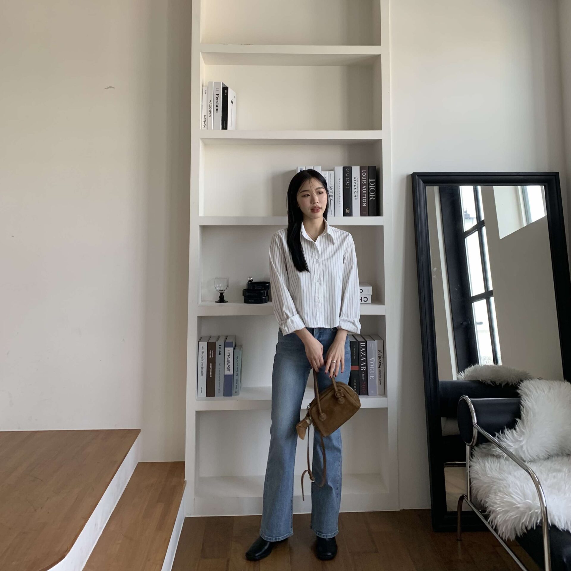 Nancy條紋短版襯衫 (白)