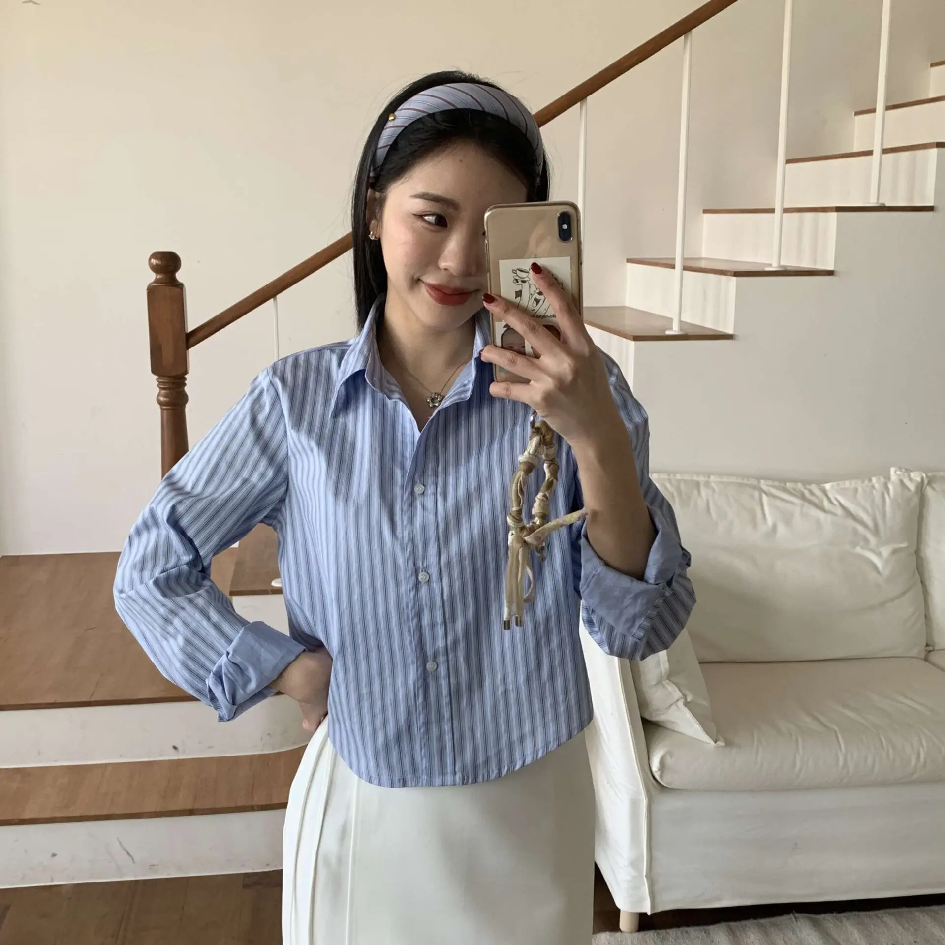 Nancy條紋短版襯衫 (藍)