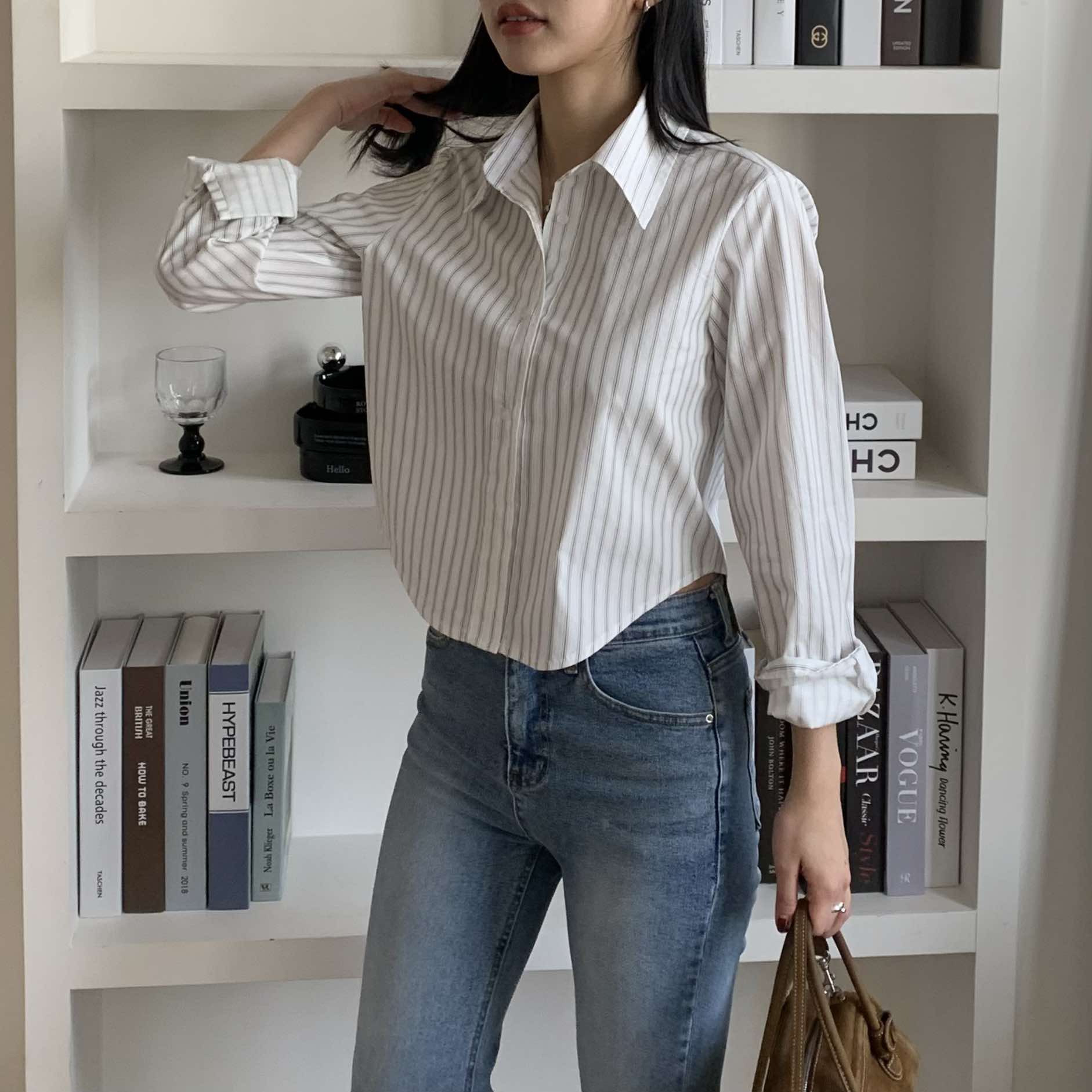 Nancy條紋短版襯衫 (白)