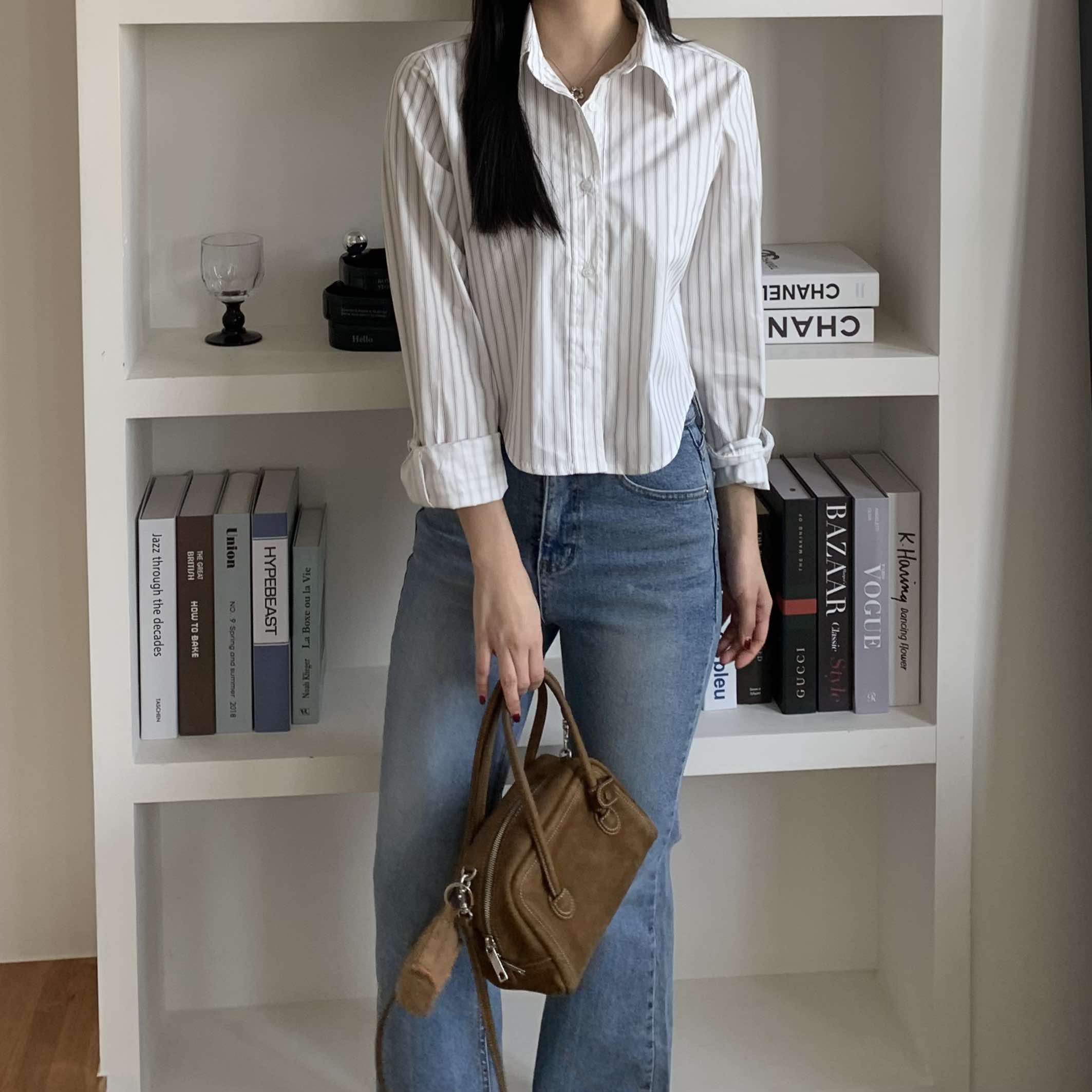Nancy條紋短版襯衫 (白)