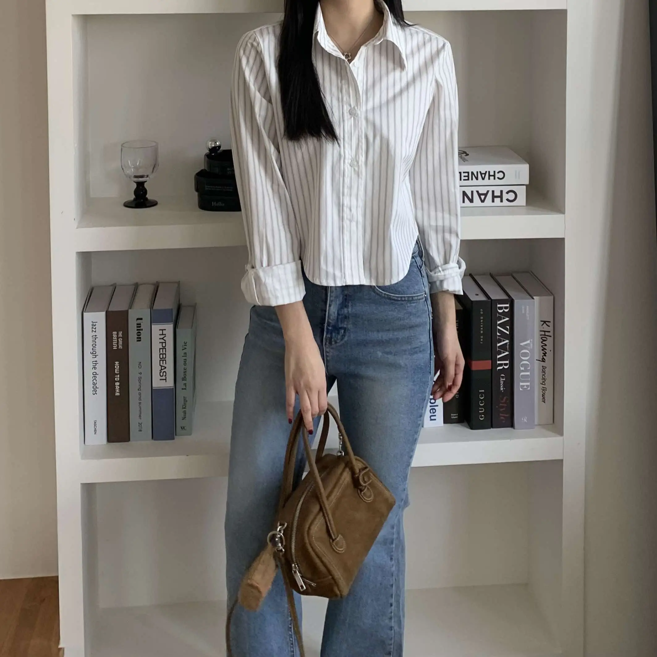 Nancy條紋短版襯衫 (白)