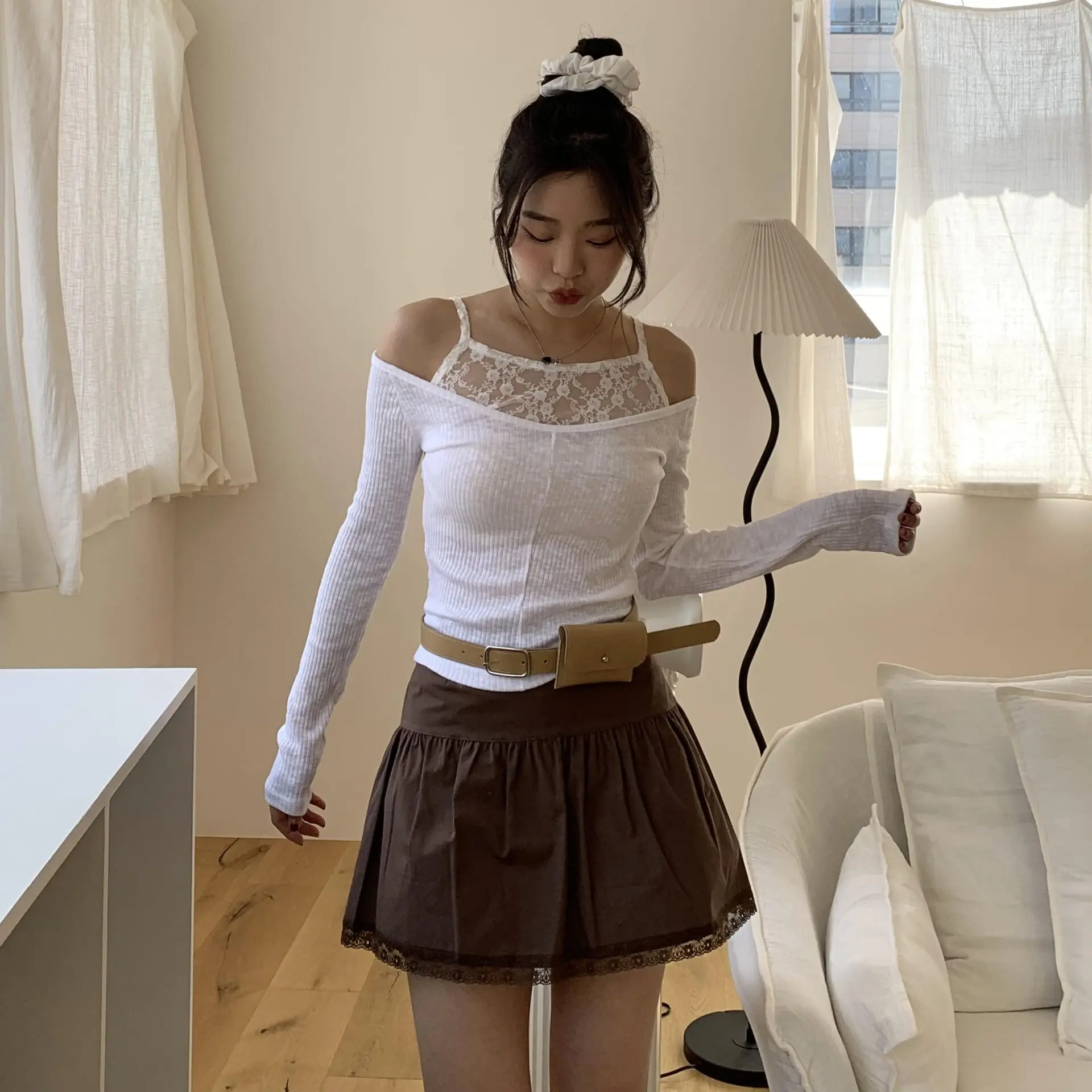 ballet質感蕾絲短裙 (咖)