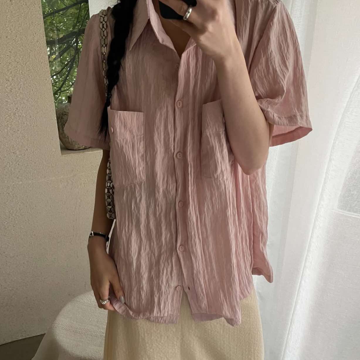 質感人皺皺短袖襯衫 (粉)