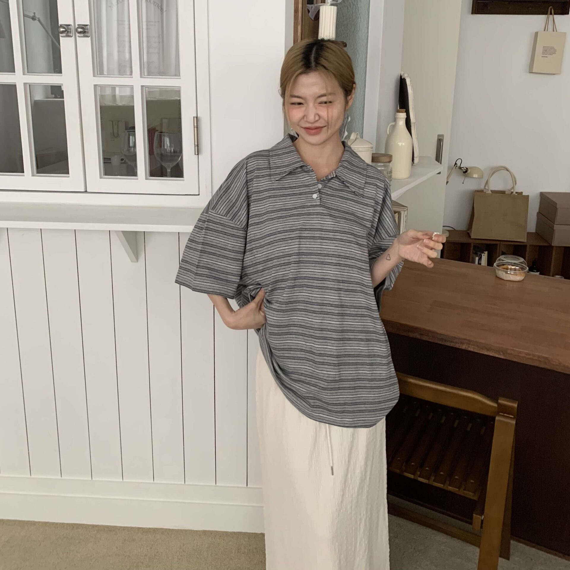 大勢款條紋polo衫 (灰)