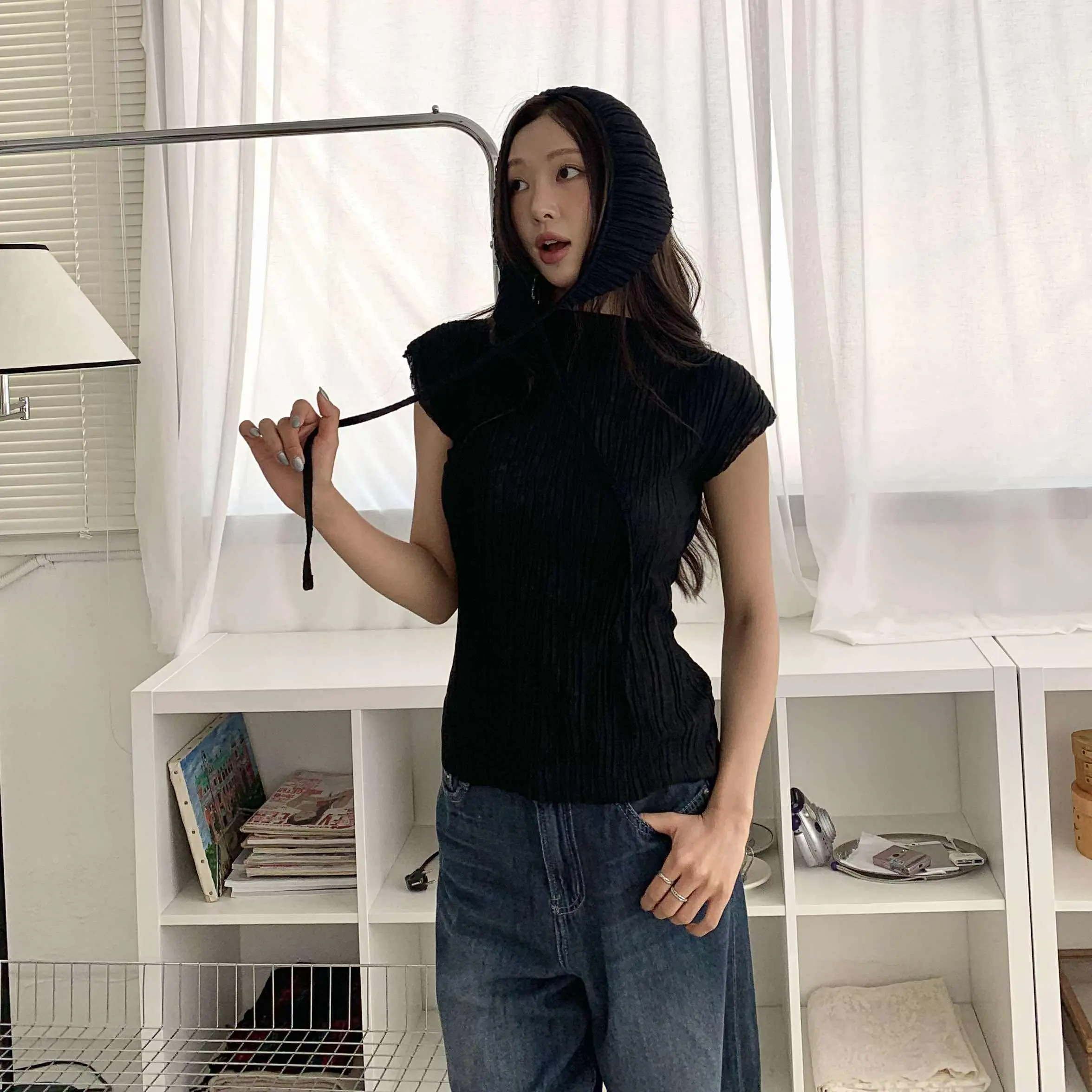 狎鷗亭時髦摺子衣 (附綁巾) (黑)