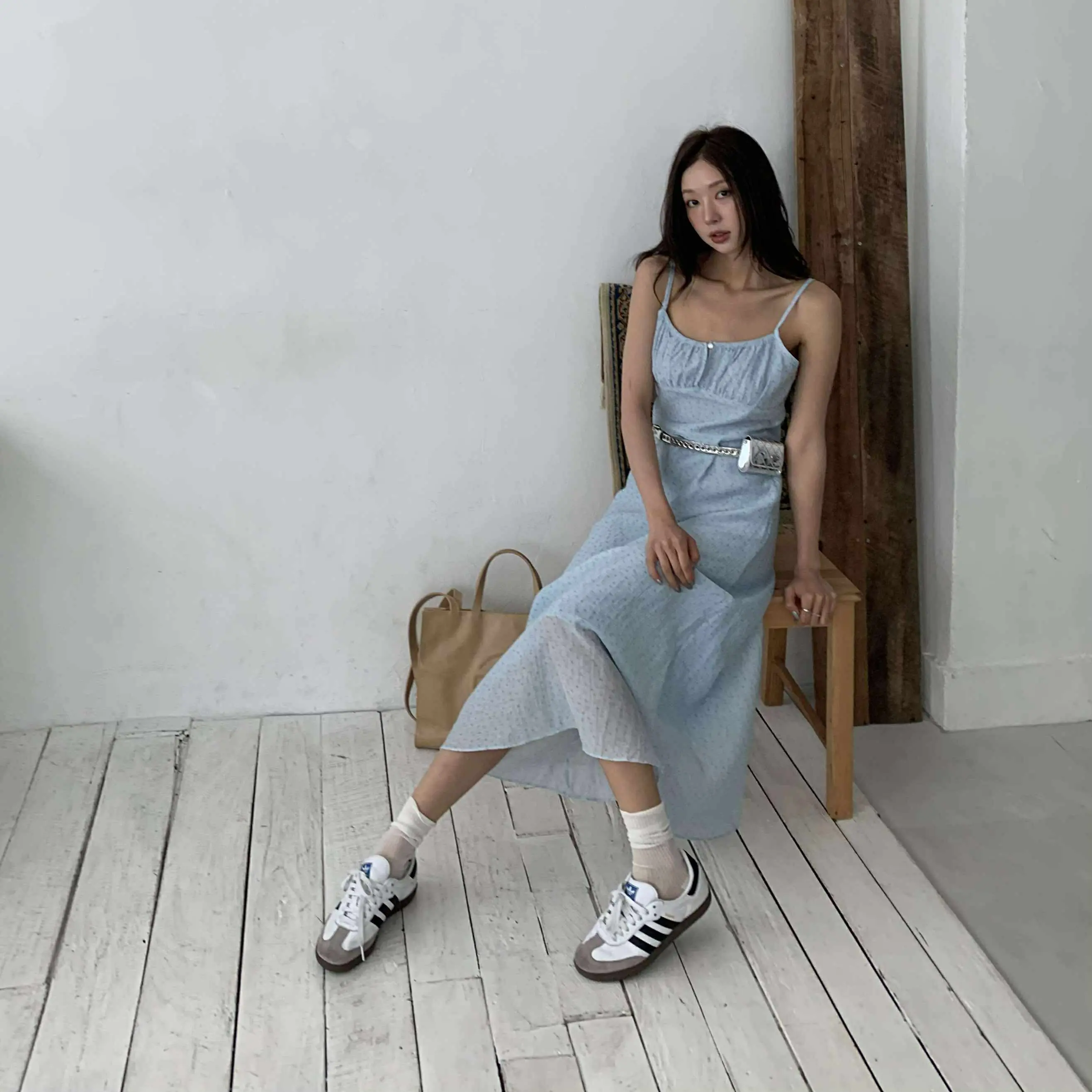 仙女浪漫小花長洋裝 (藍)