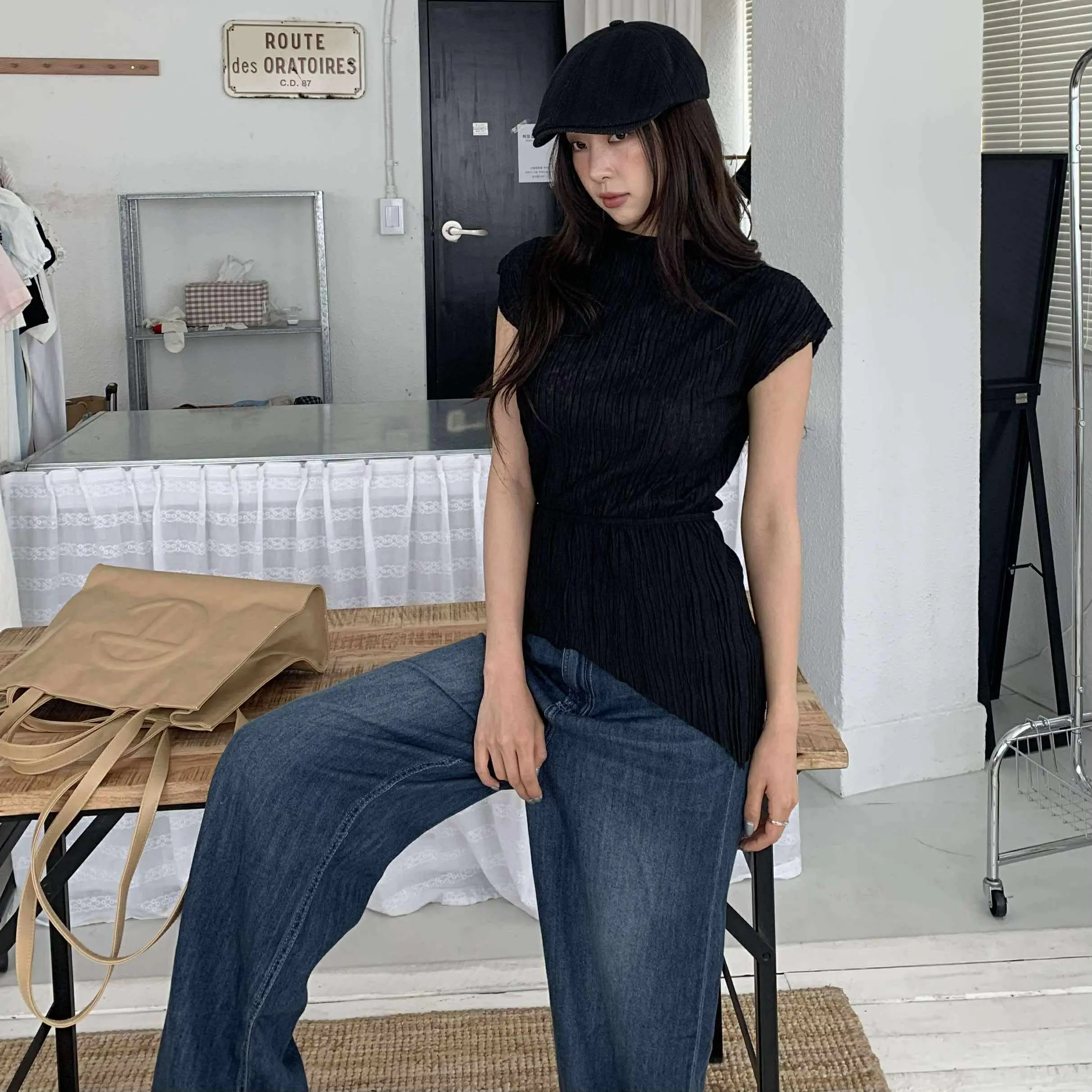 狎鷗亭時髦摺子衣 (附綁巾) (黑)