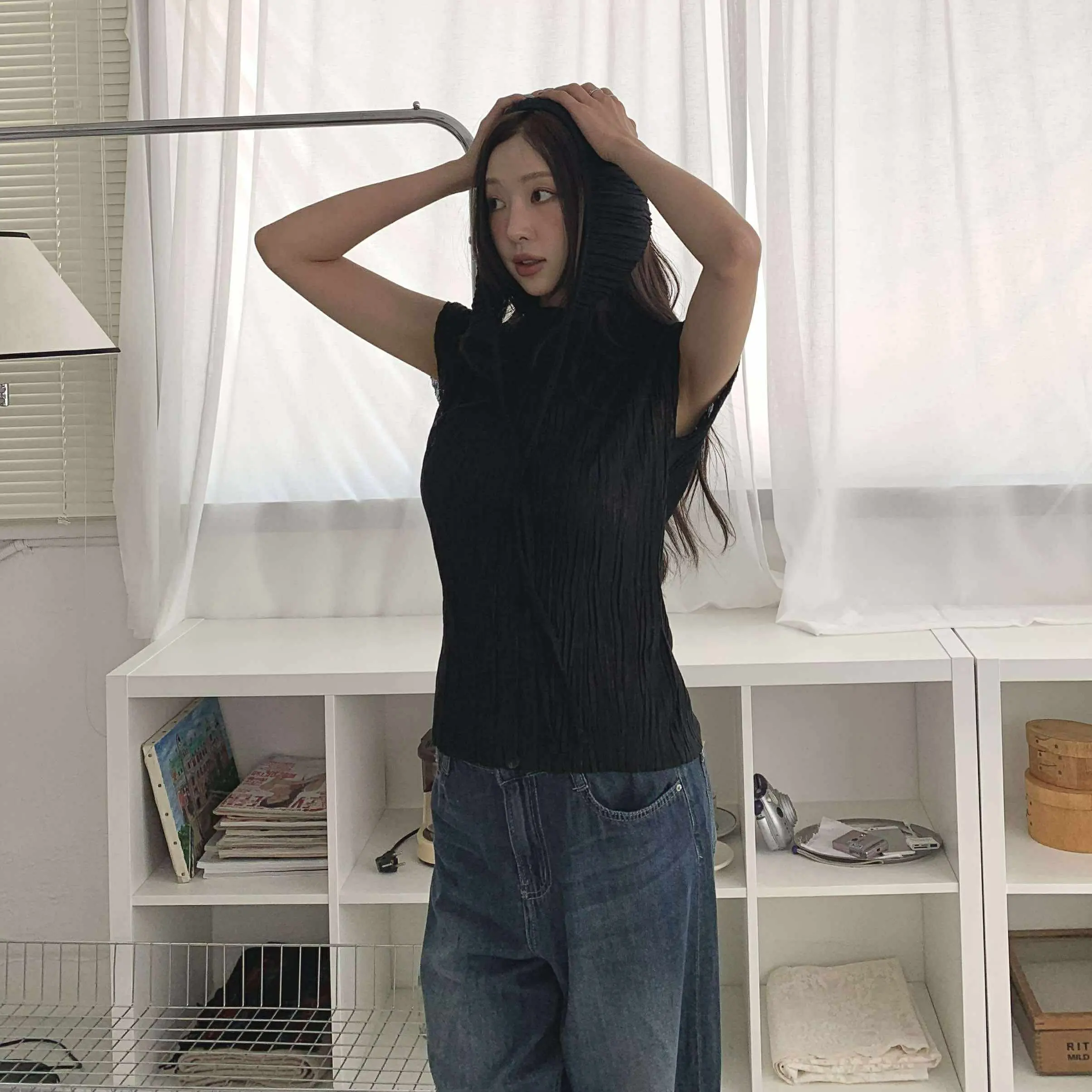 狎鷗亭時髦摺子衣 (附綁巾) (黑)