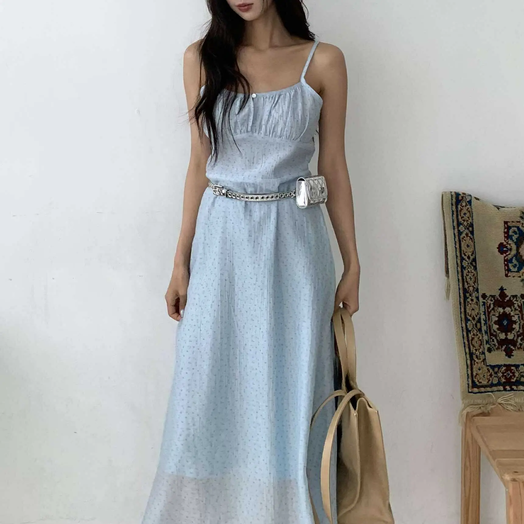 仙女浪漫小花長洋裝 (藍)