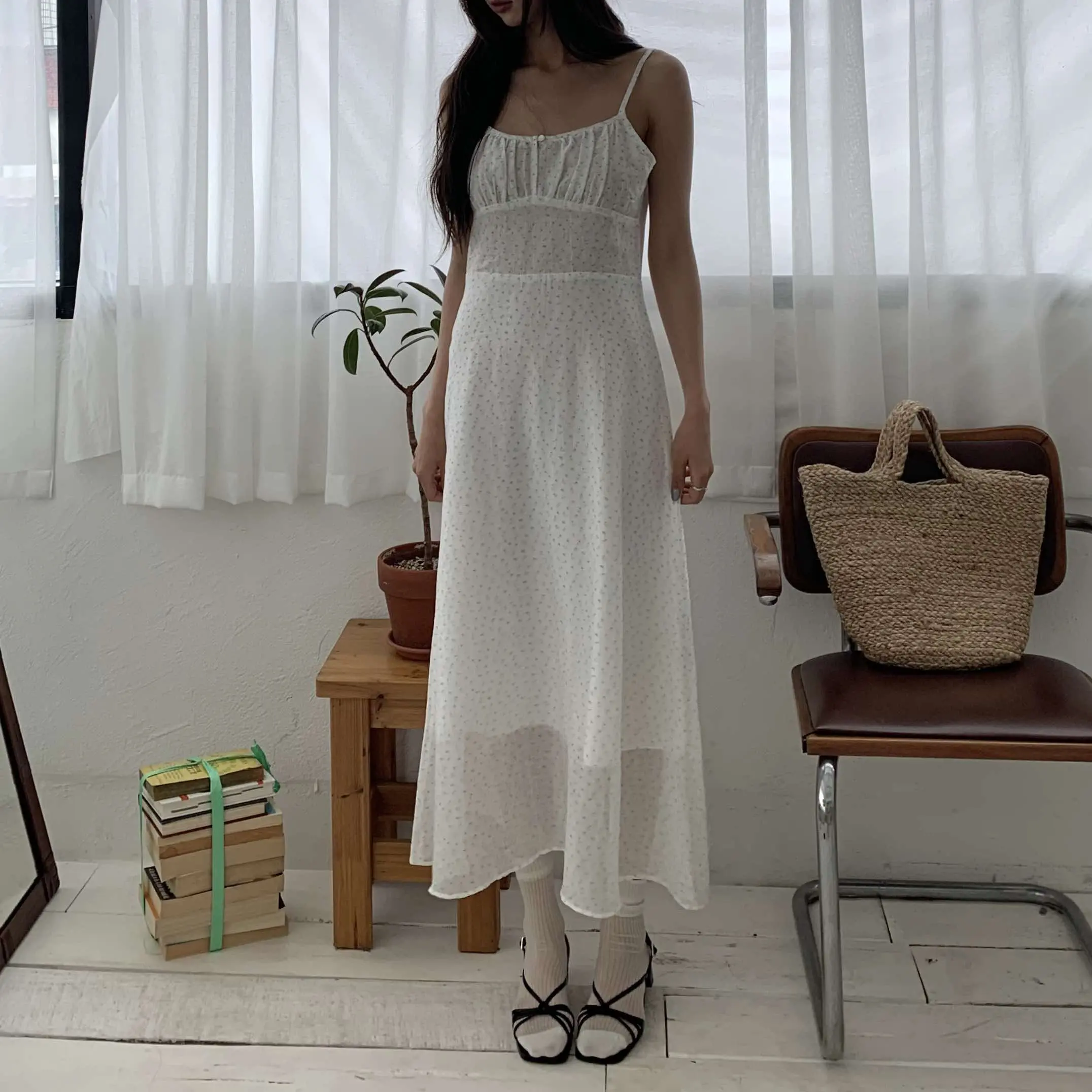 仙女浪漫小花長洋裝 (白)