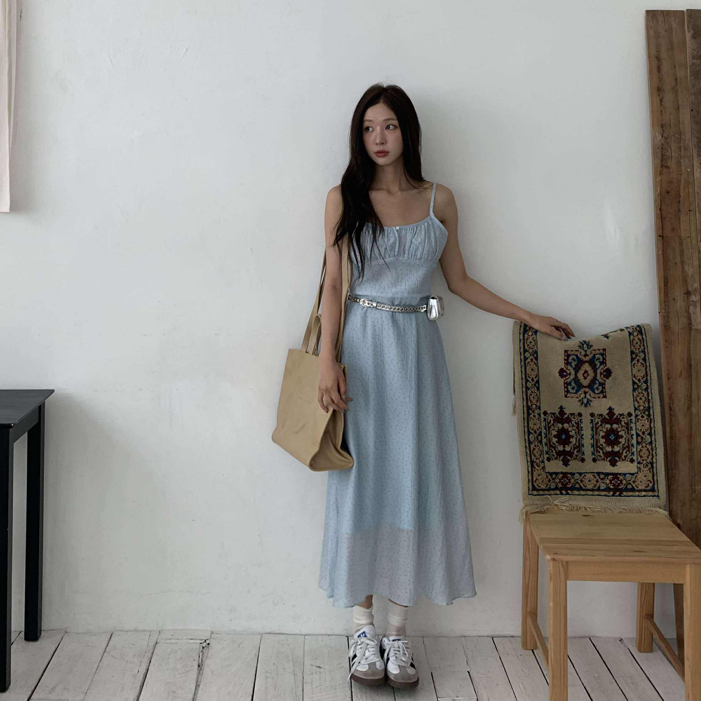 仙女浪漫小花長洋裝 (藍)