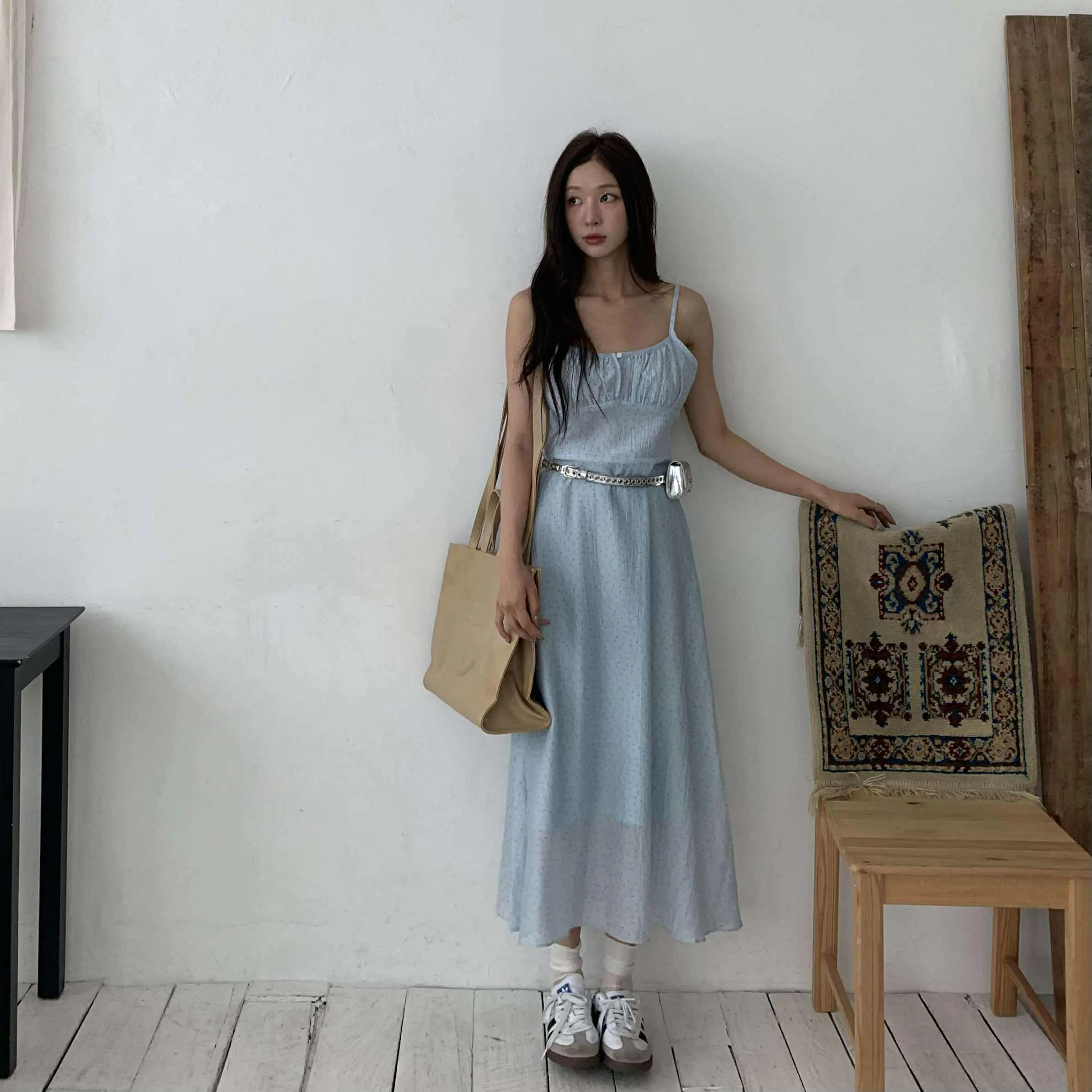 仙女浪漫小花長洋裝 (藍)