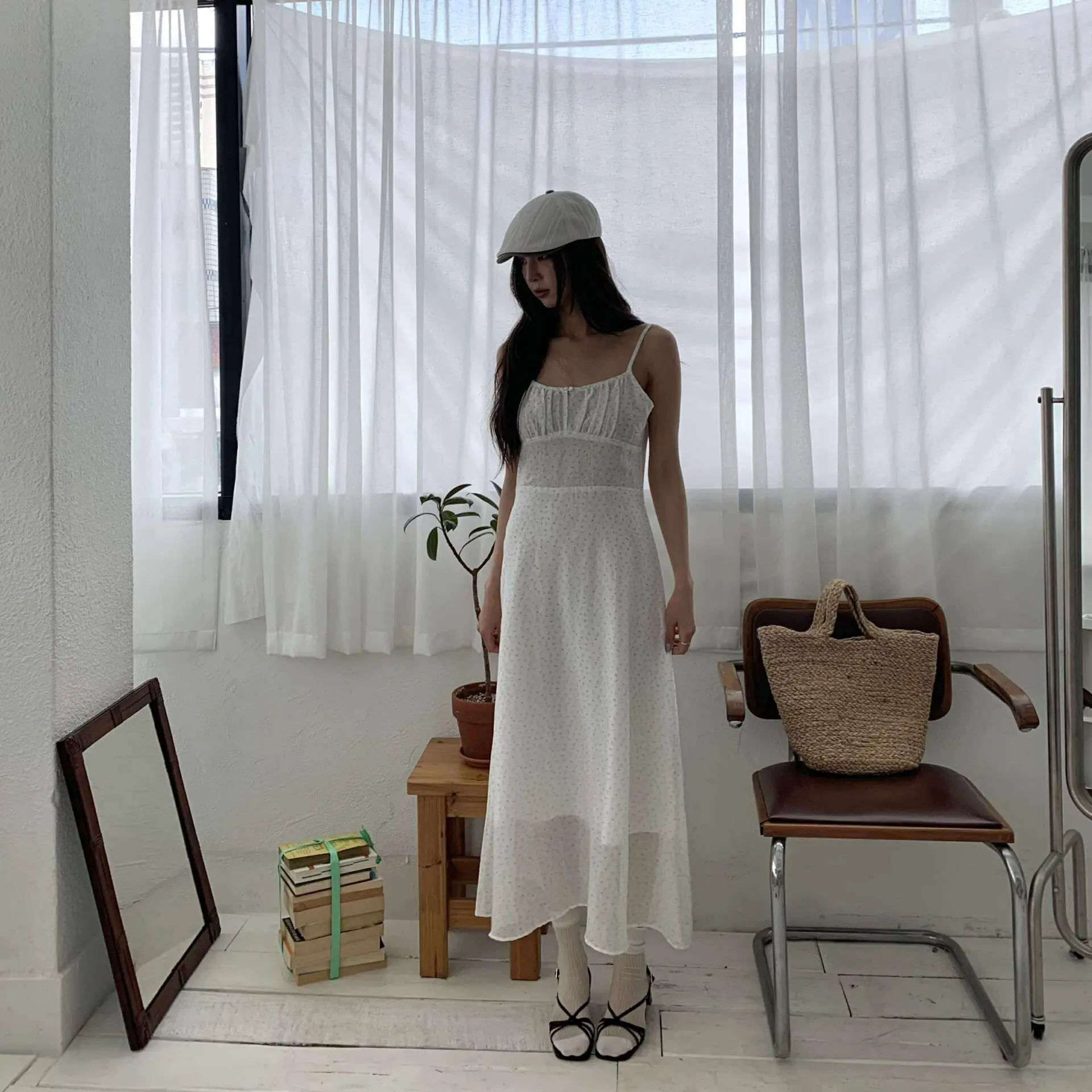 仙女浪漫小花長洋裝 (白)