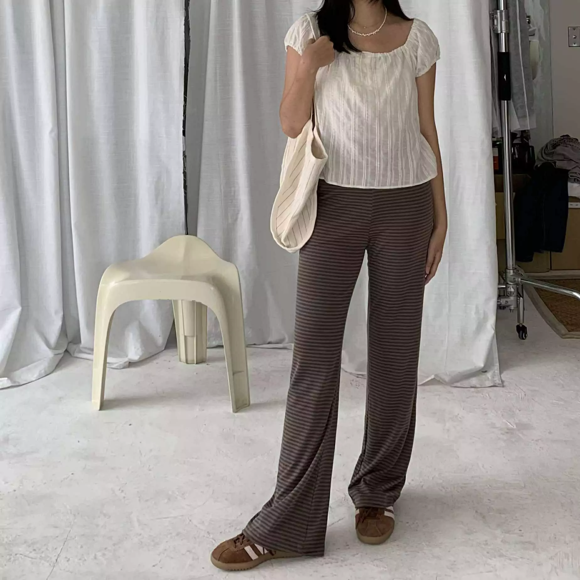 時髦舒適條紋落地褲 (咖)