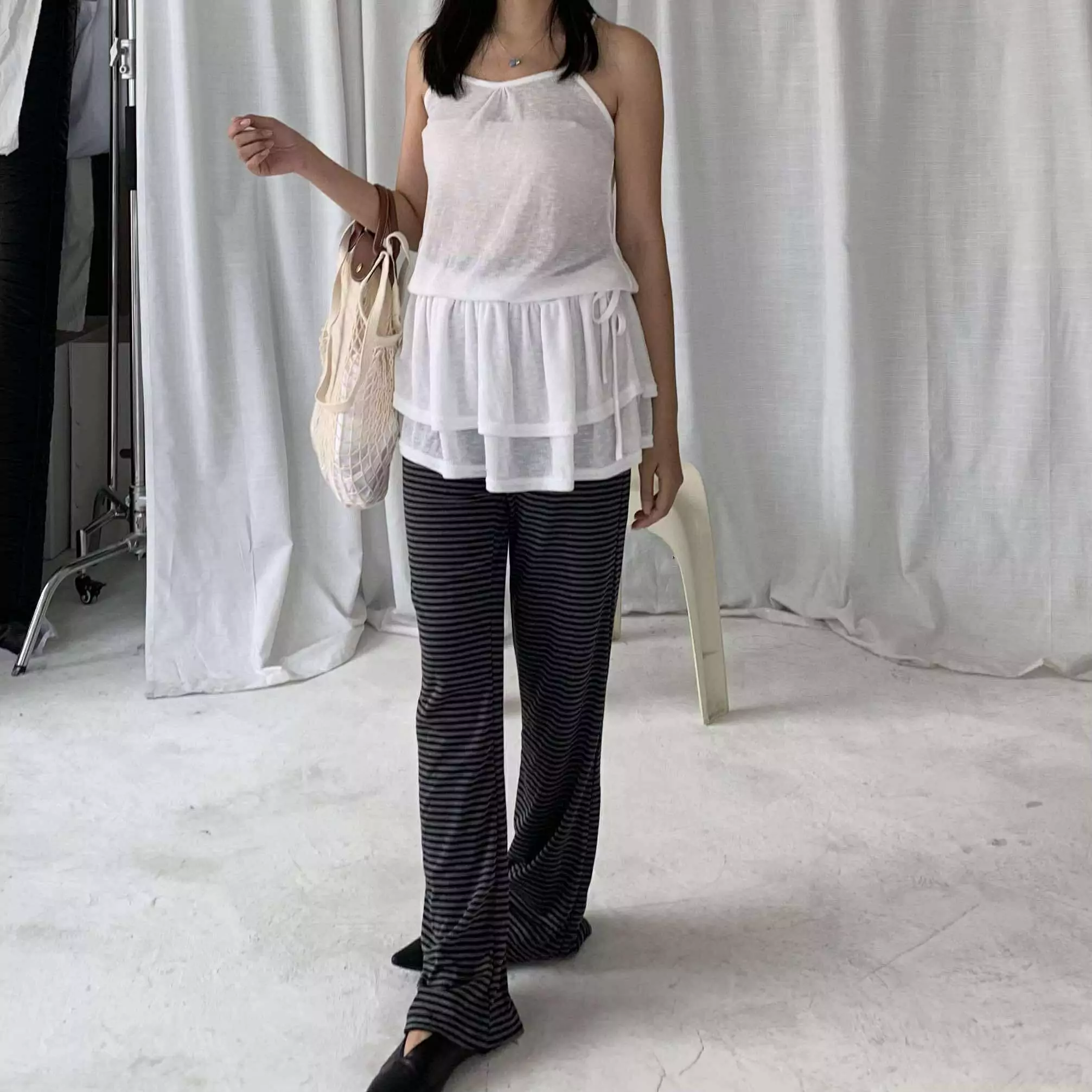 時髦舒適條紋落地褲 (灰)