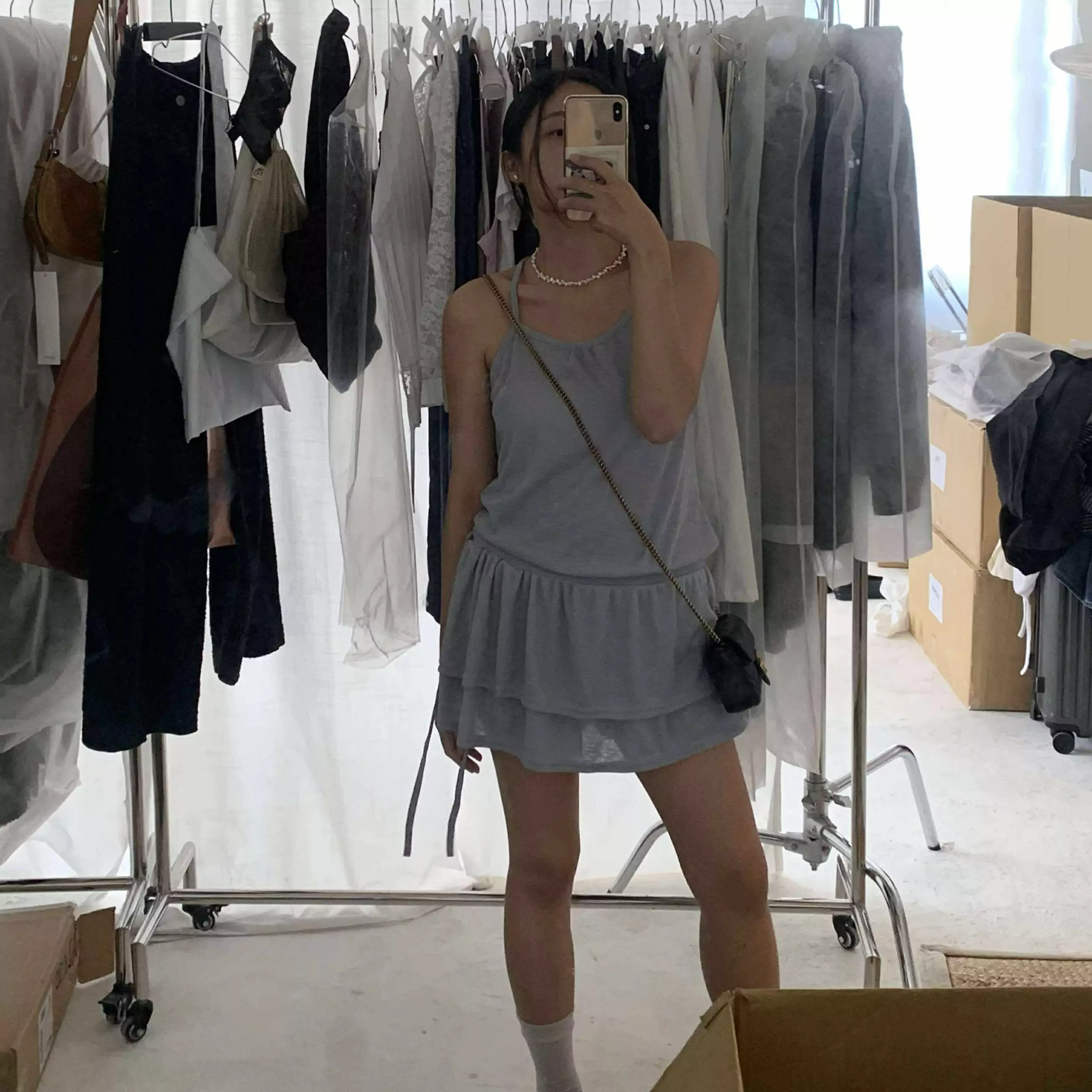 美式辣妹削肩短洋裝(灰)