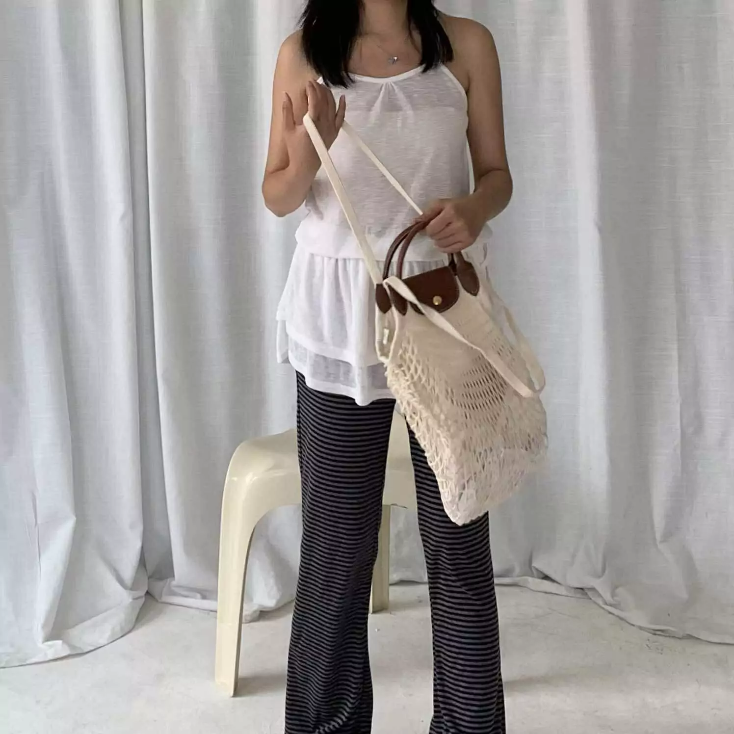 時髦舒適條紋落地褲 (灰)