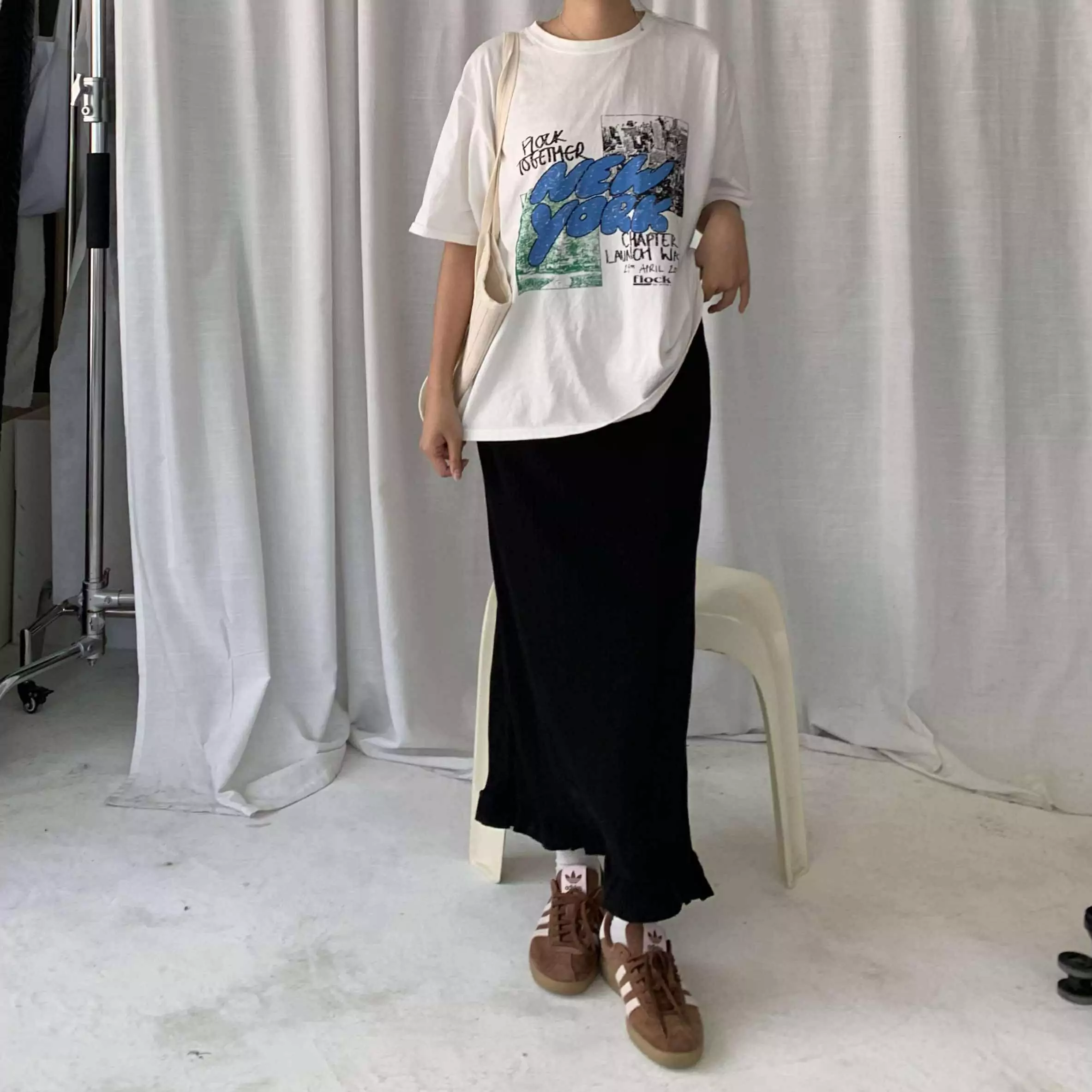 小波浪壓紋長裙 (黑)