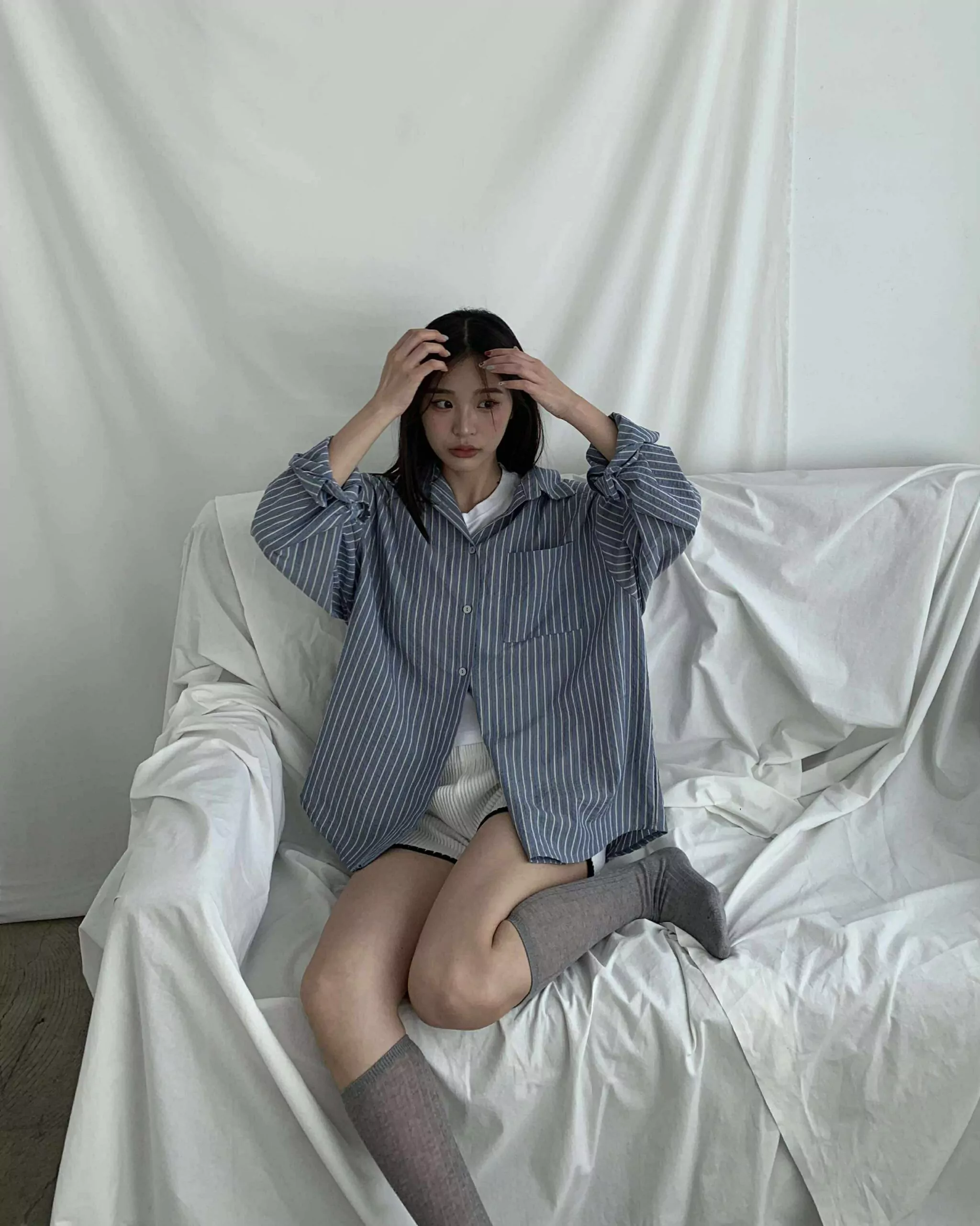 推薦！完美版型拿鐵條紋襯衫 (藍)