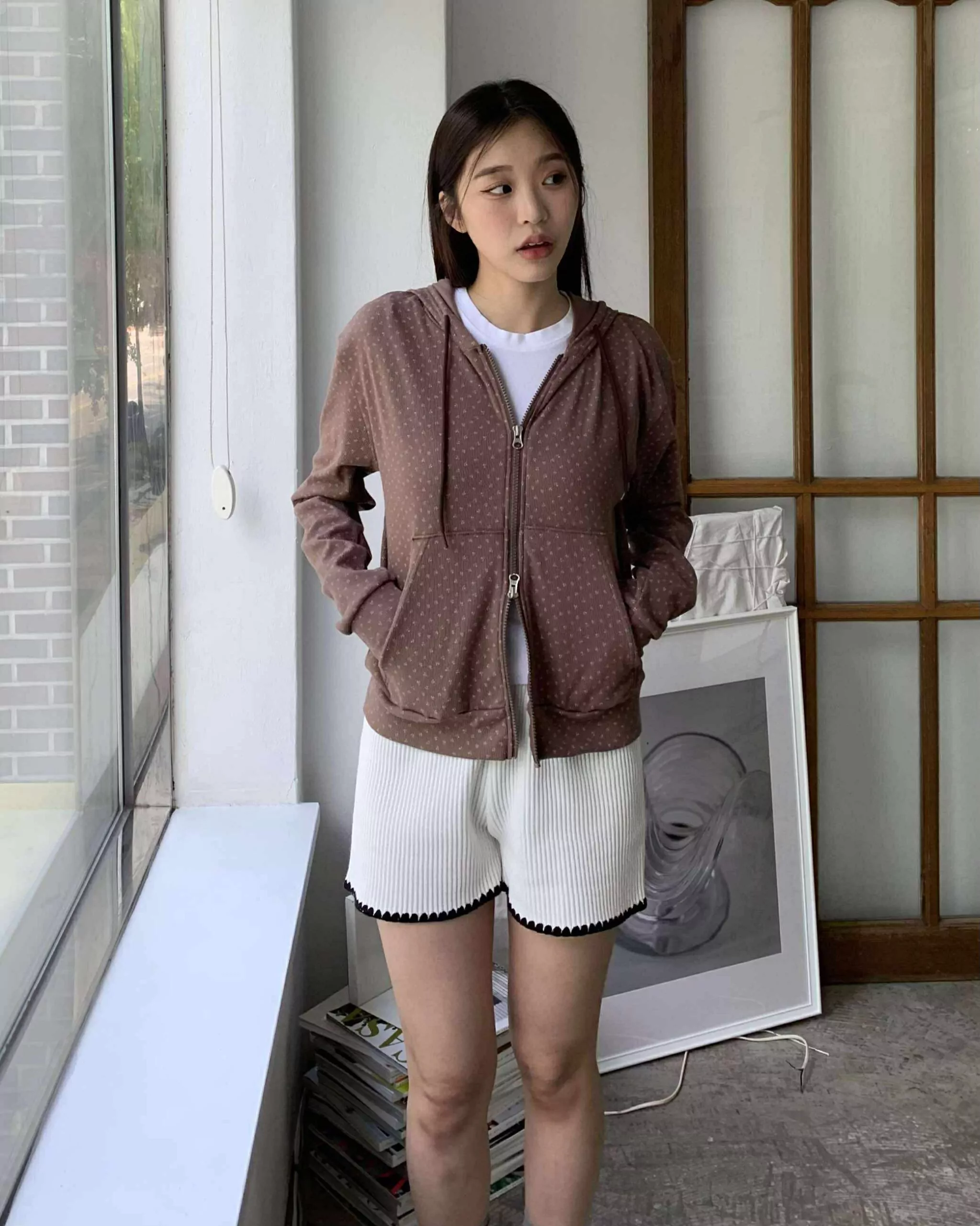 可愛小標滾邊粗針織短褲 (白)