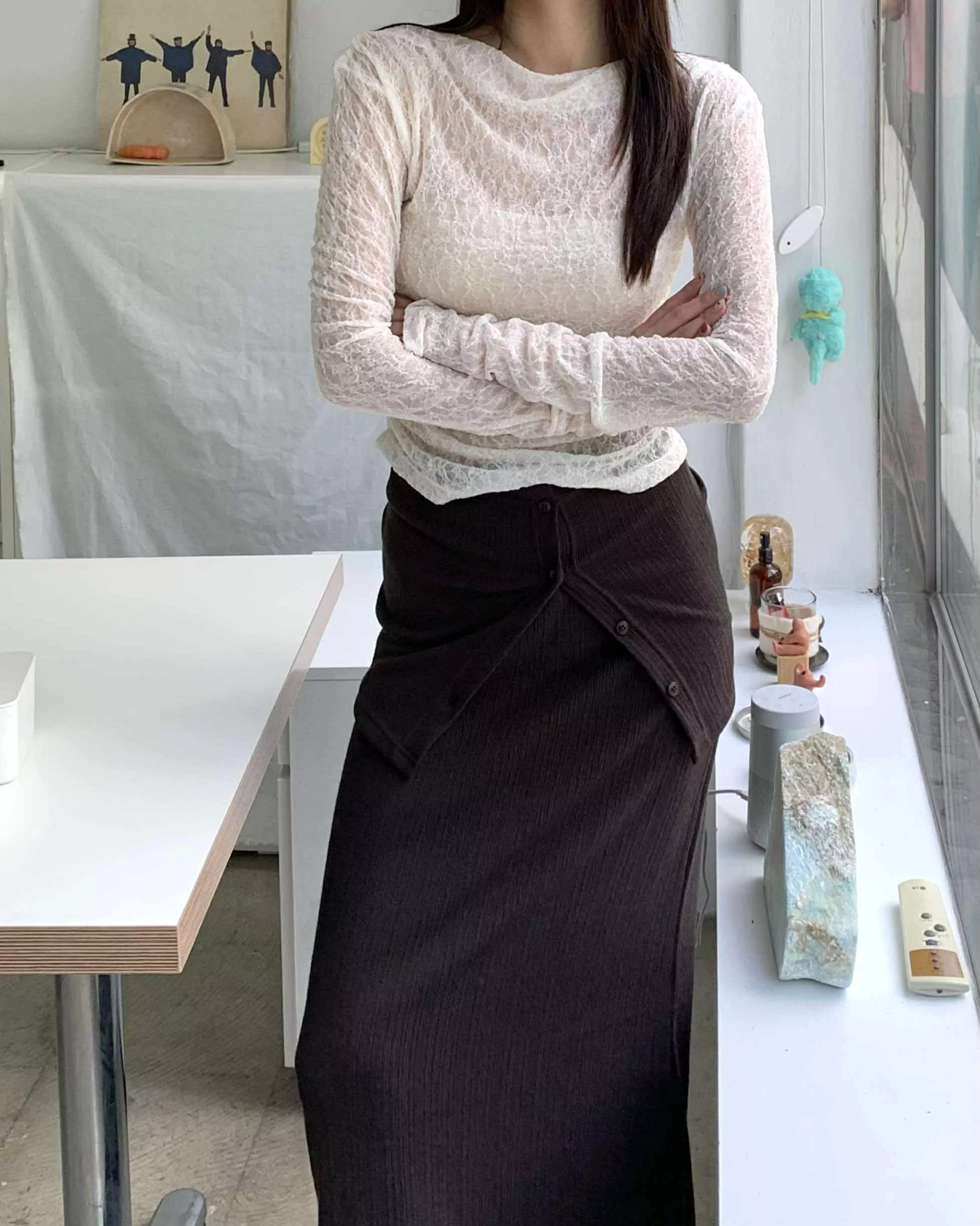 小姊姊排扣平口針織裙set (咖)